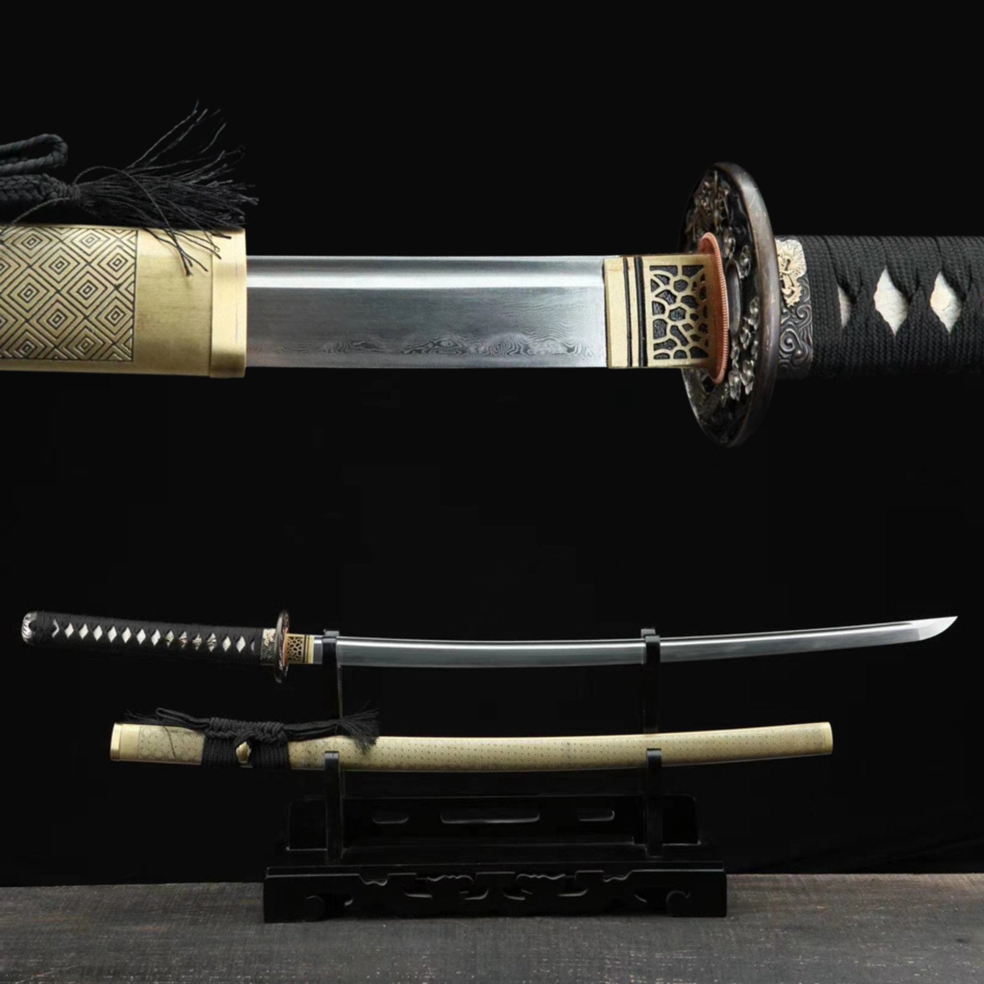 Katana Qinglong Damascus Folded Clay Tempered Yellow Saya 箐龍 | KatanaSwordArt Katana For Sale 2025