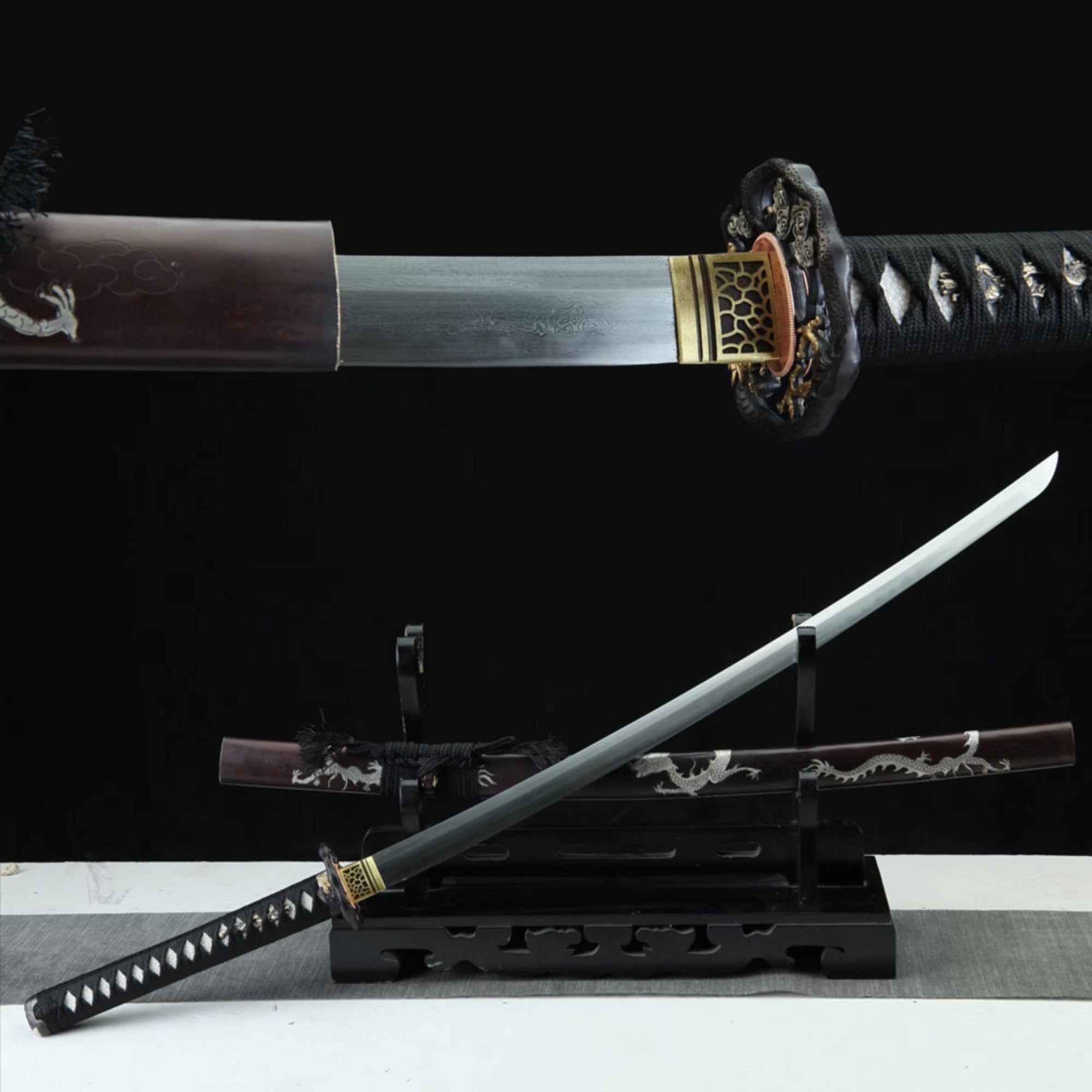 Katana White Dragon Damascus Folded Clay Tempered Brass Saya 白龍 | KatanaSwordArt Katana For Sale 2025