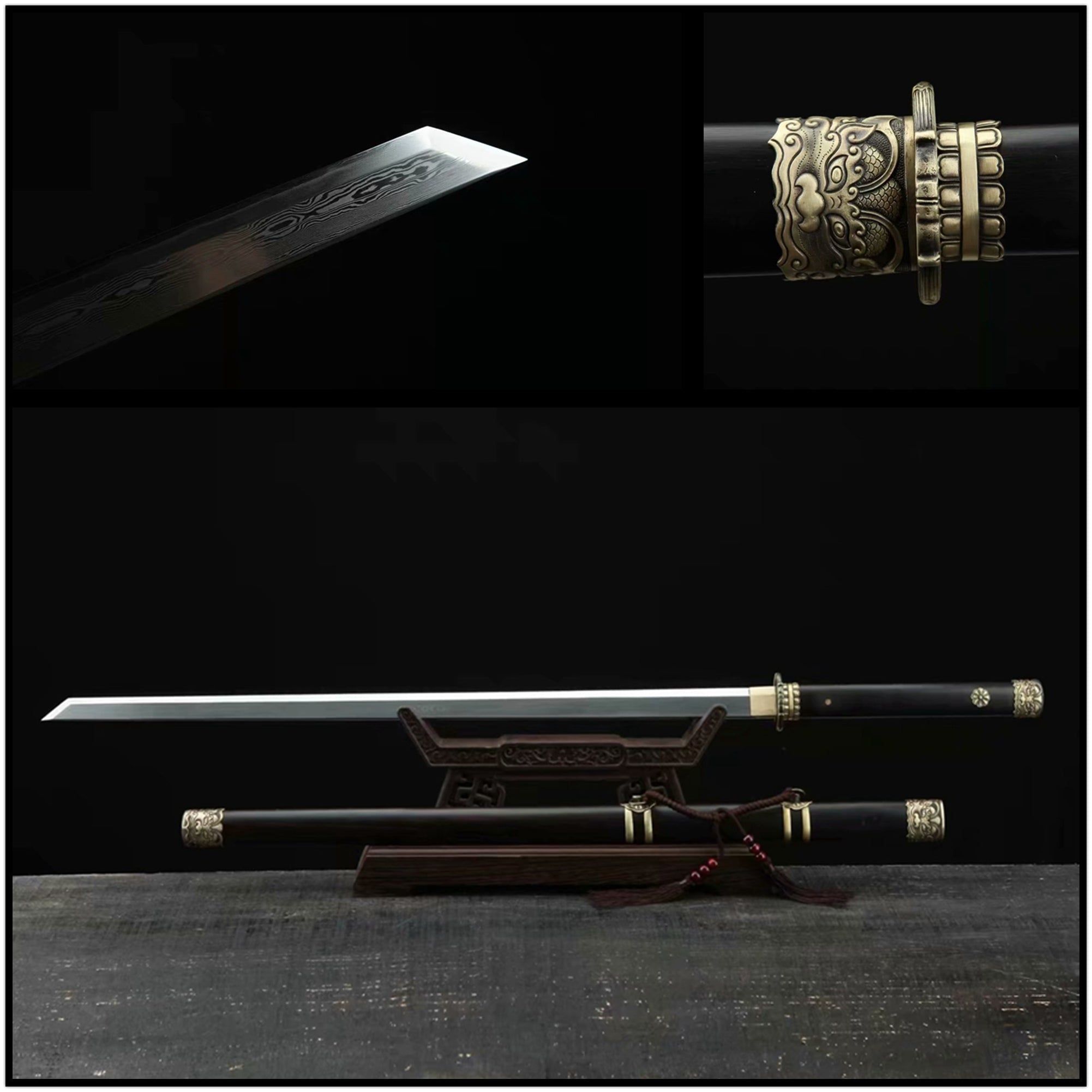 Tang Dao Black Dragon Damascus Folded Clay Tempered Ebony Wood Scabbard 黑螭龍 | KatanaSwordArt Dao For Sale