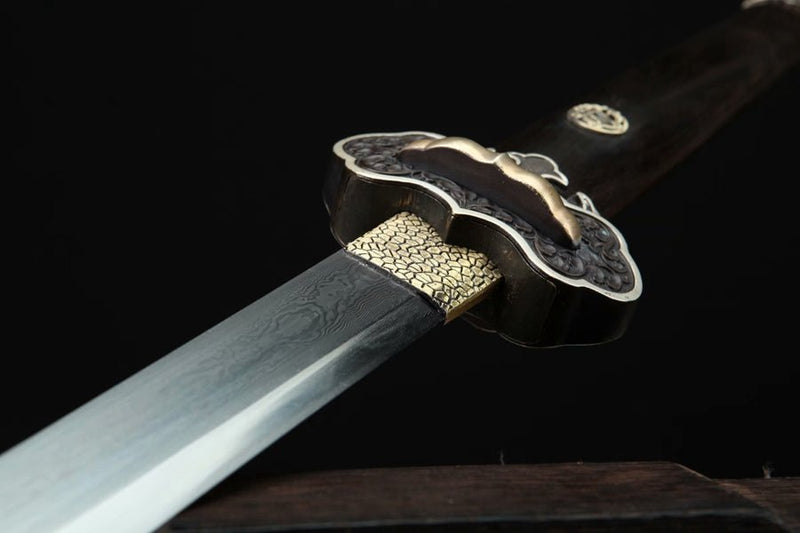 Tang Dao Black Kylin Damascus Folded Clay Tempered Ebony Wood Scabbard 黑麒麟 For Sale | KatanaSwordArt Japanese Katana