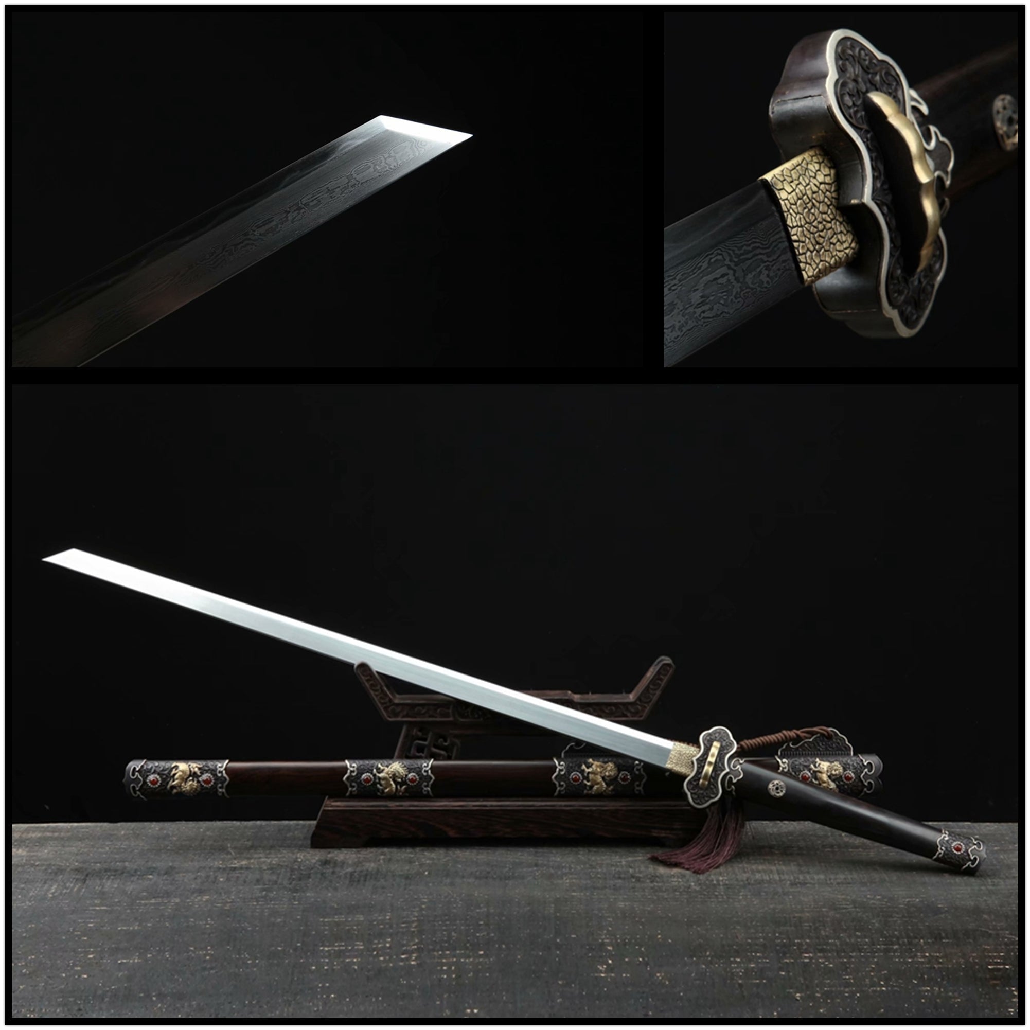 Tang Dao Black Kylin Damascus Folded Clay Tempered Ebony Wood Scabbard 黑麒麟 | KatanaSwordArt Dao For Sale