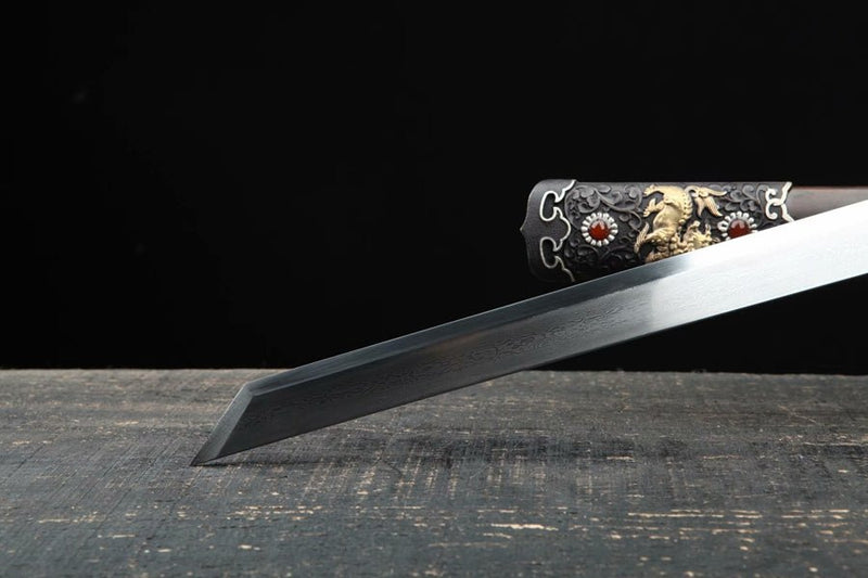 Tang Dao Black Kylin Damascus Folded Clay Tempered Ebony Wood Scabbard 黑麒麟 For Sale | KatanaSwordArt Japanese Katana