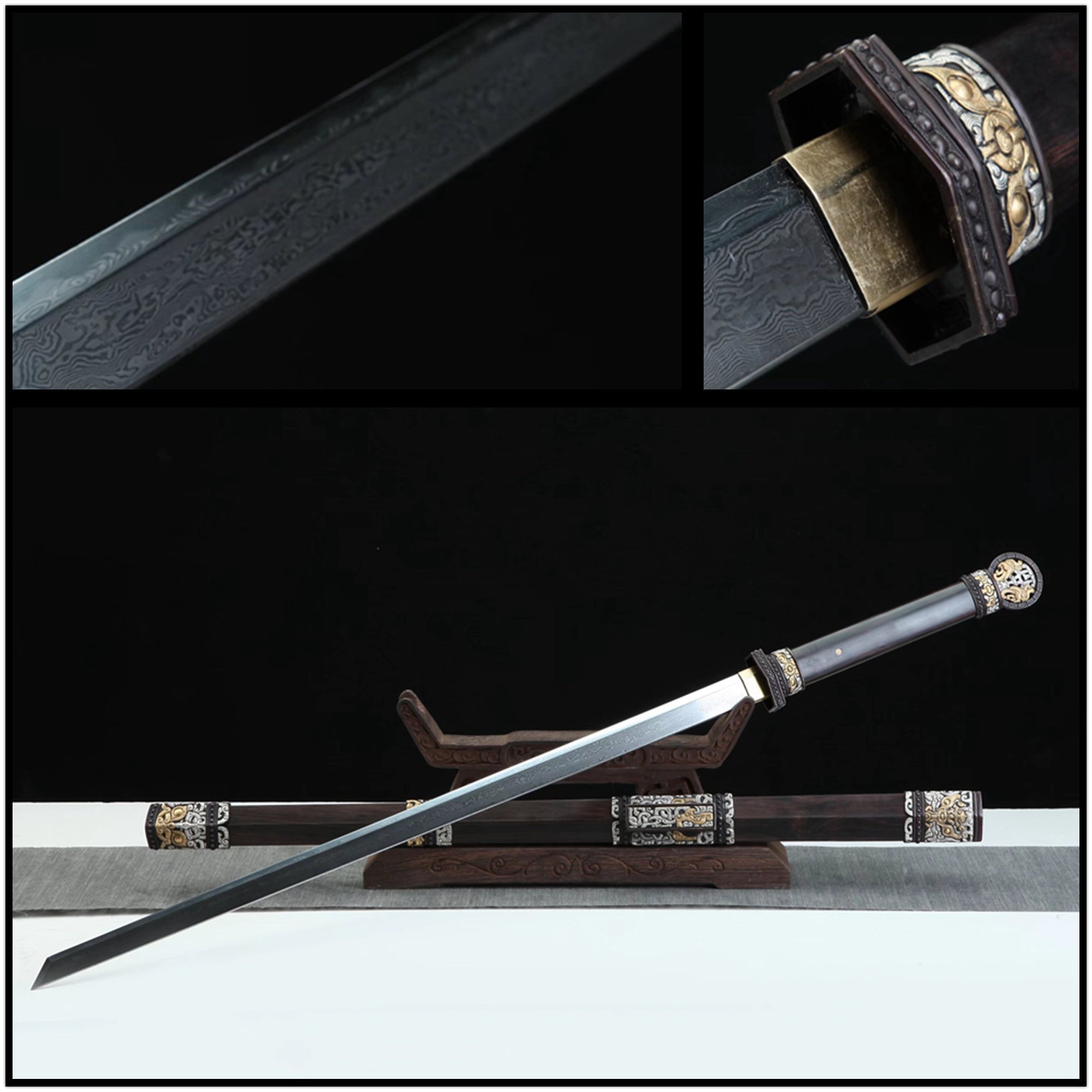 Tang Dao Han General Damascus Folded Clay Tempered Ebony Wood Scabbard 將軍 | KatanaSwordArt Dao For Sale
