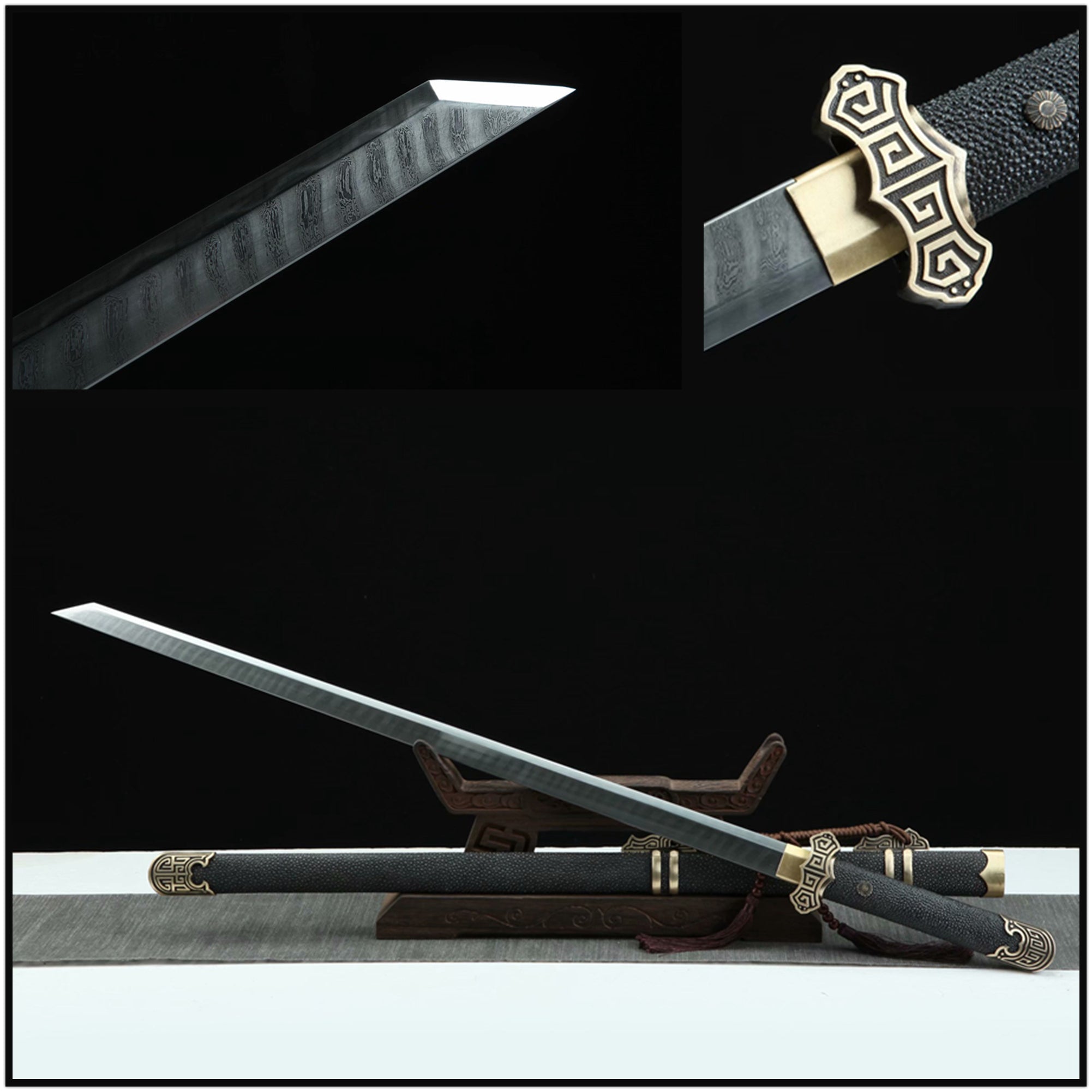 Tang Dao HuiWen Damascus Folded Clay Tempered Black Ray Skin Scabbard 回紋 | KatanaSwordArt Dao For Sale