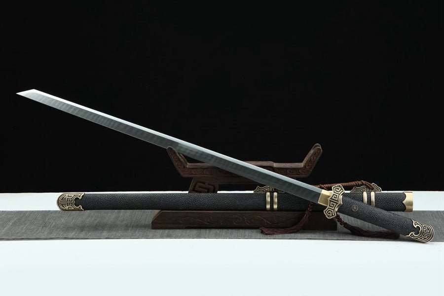 Tang Dao HuiWen Damascus Folded Clay Tempered Black Ray Skin Scabbard 回紋 | KatanaSwordArt Dao For Sale