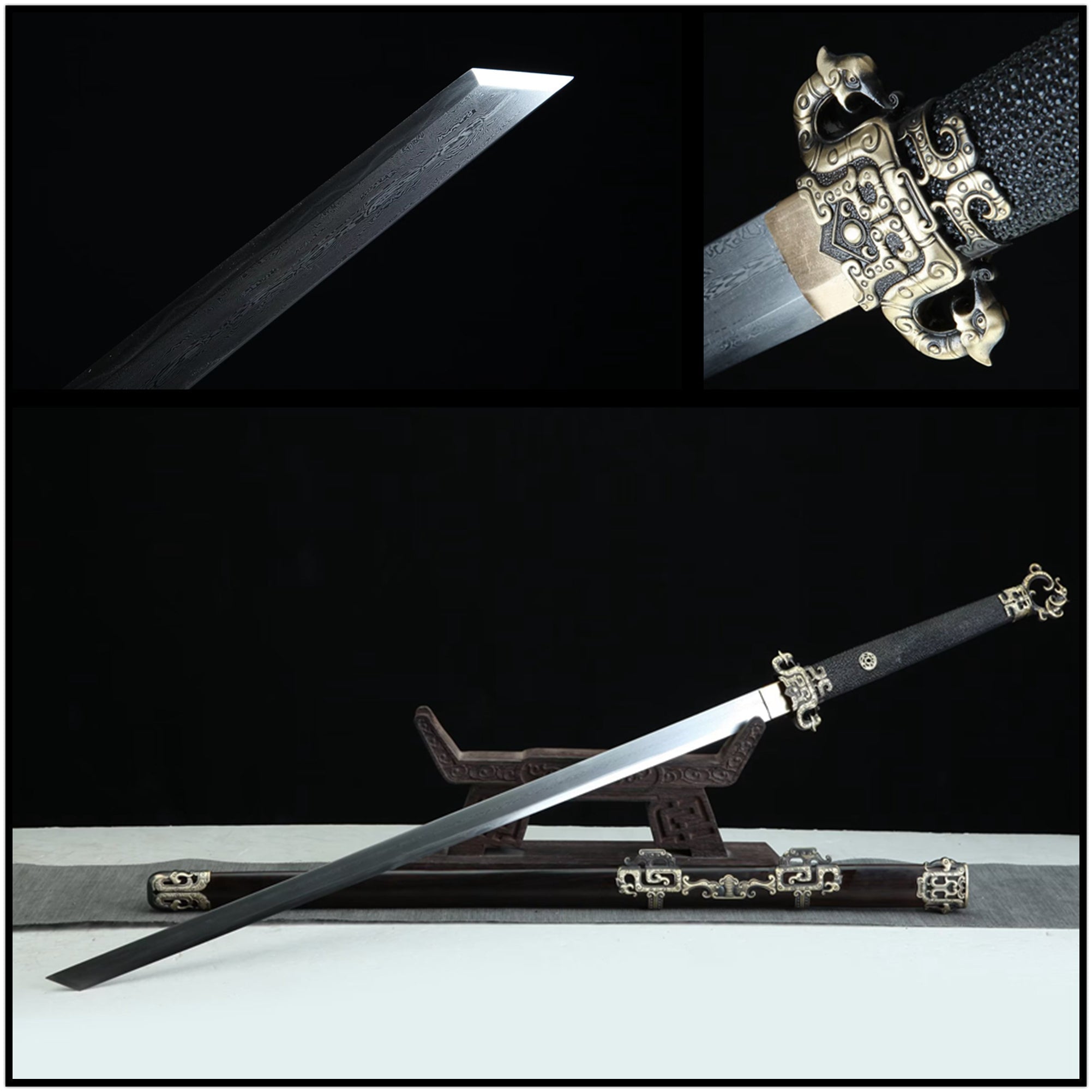 Tang Dao Panlong Damascus Folded Clay Tempered Ebony Wood Scabbard 蟠龍 | KatanaSwordArt Dao For Sale