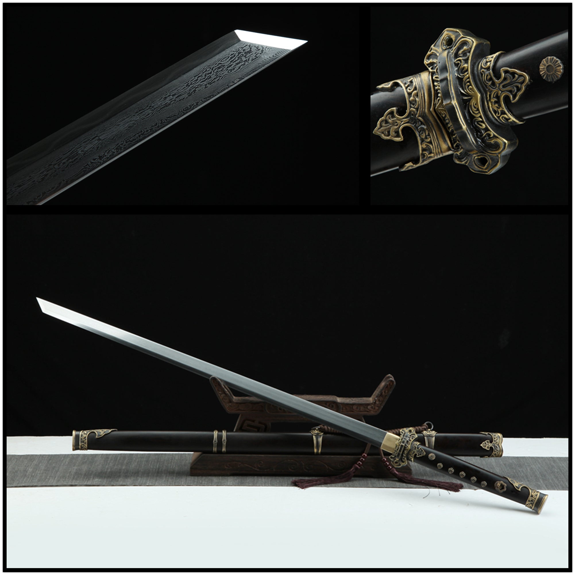 Tang Dao Qibing Damascus Folded Clay Tempered Ebony Wood Scabbard 騎兵 | KatanaSwordArt Dao For Sale