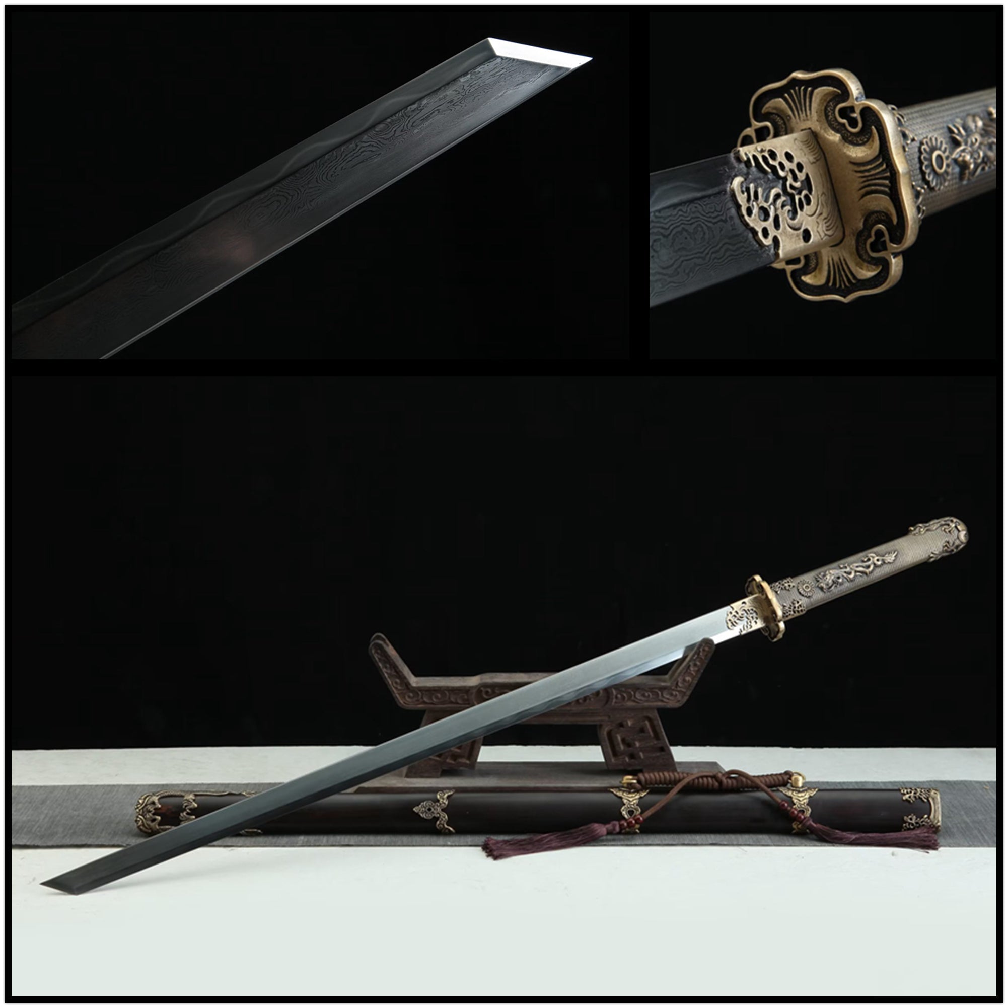 Tang Dao Shuilong Damascus Folded Clay Tempered Ebony Wood Scabbard 水龍 | KatanaSwordArt Dao For Sale