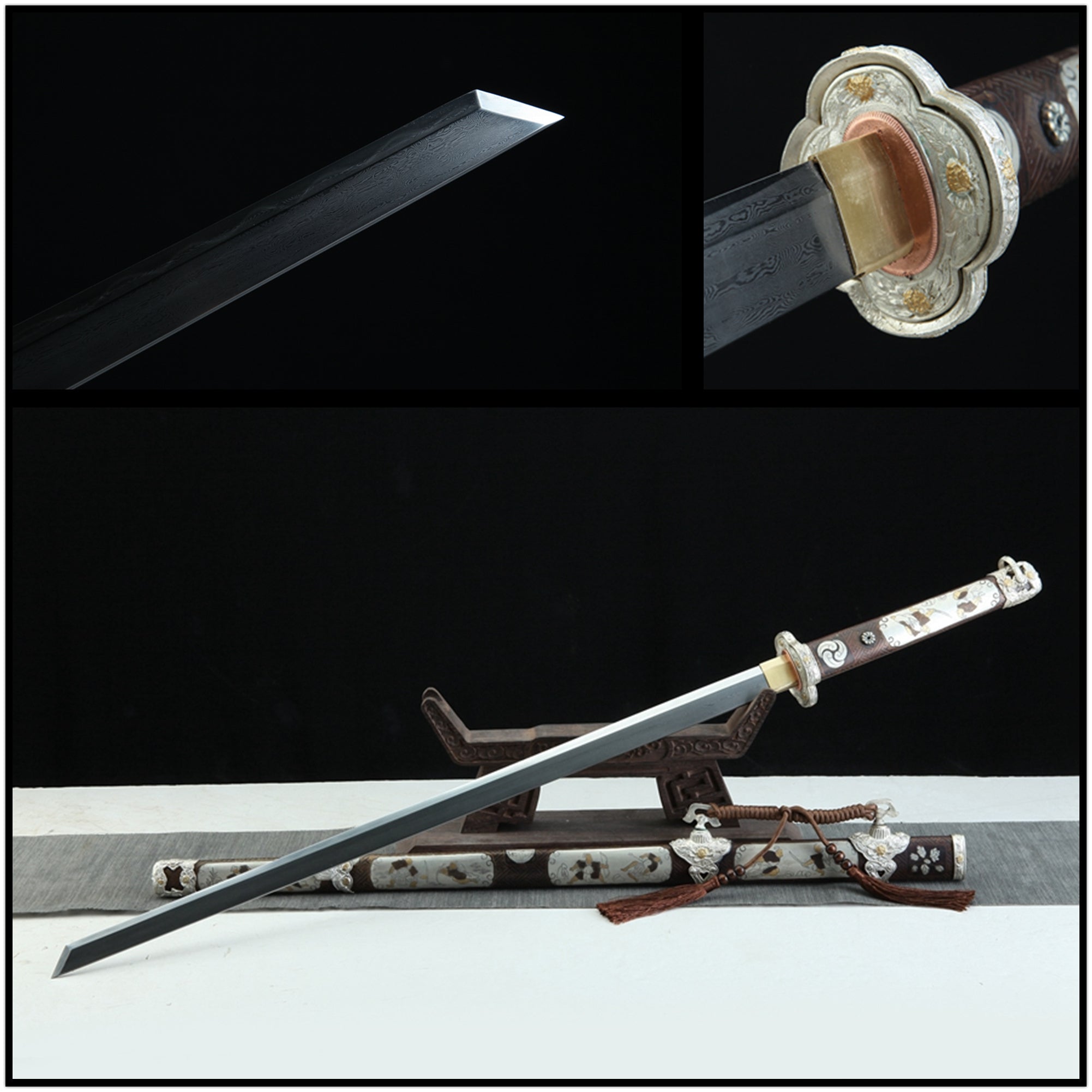 Tang Dao Whirlwind Damascus Folded Clay Tempered Brass Scabbard 旋風 | KatanaSwordArt Dao For Sale