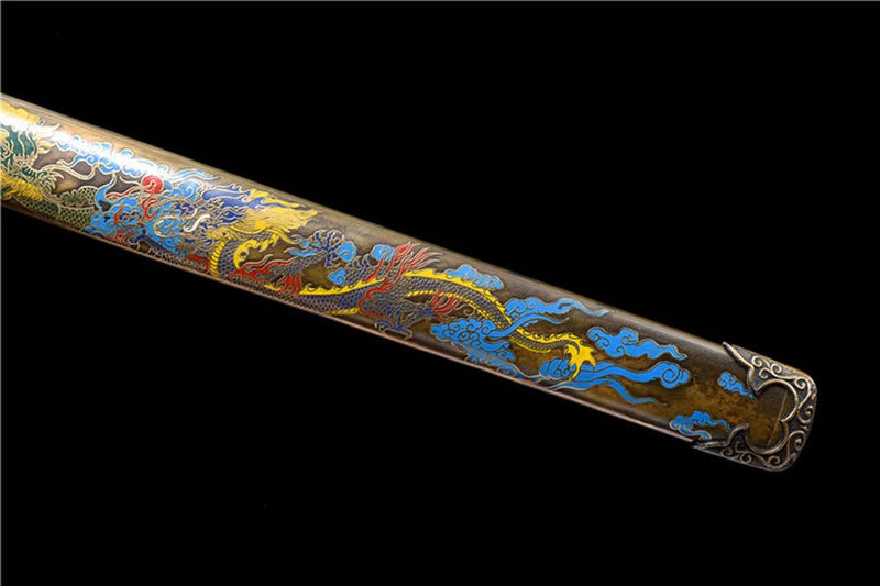Tang Dao Xianglong Damascus Folded Clay Tempered Brass Scabbard 祥龍 For Sale | KatanaSwordArt Japanese Katana
