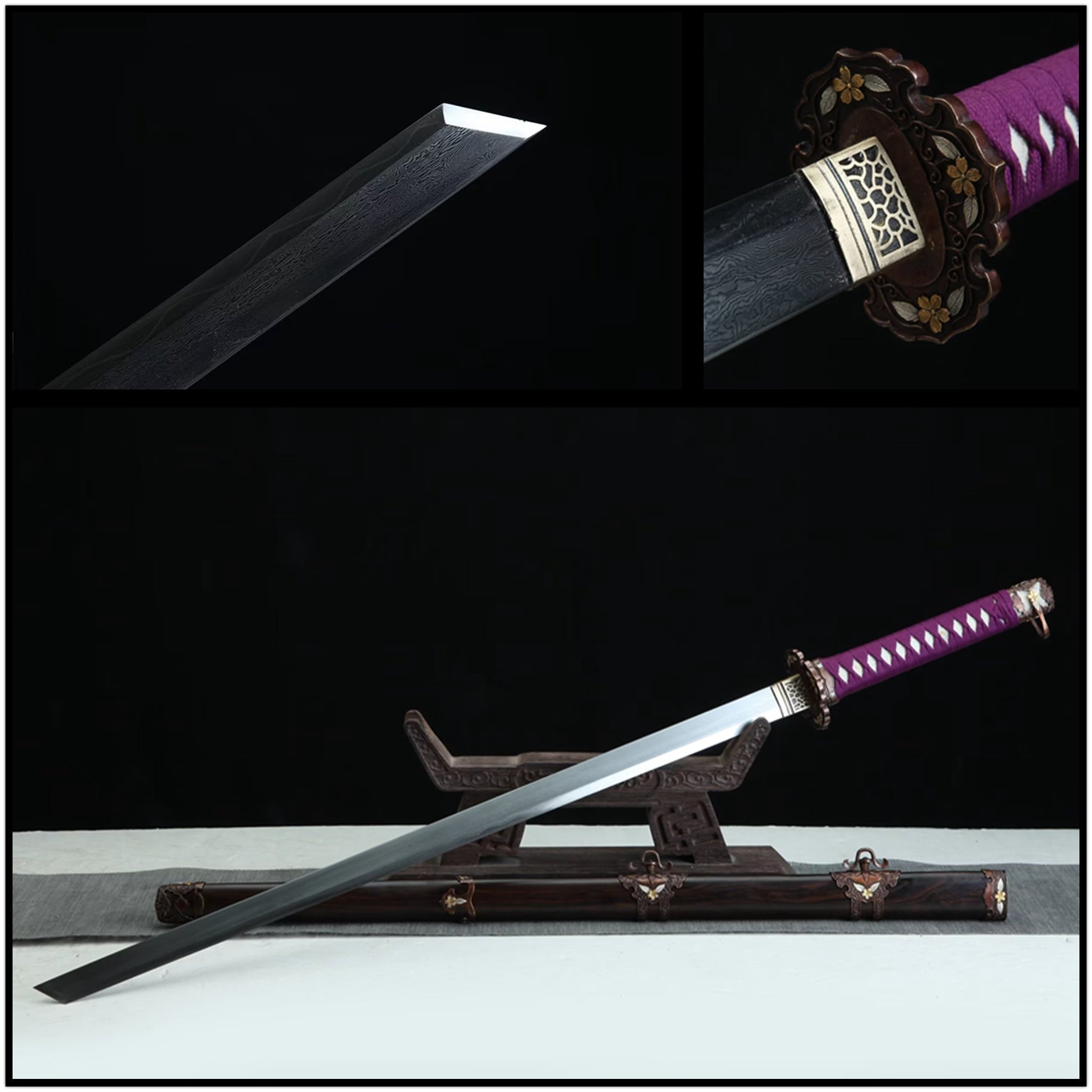 Tang Dao Ying Damascus Folded Clay Tempered Ebony Wood Scabbard 櫻 | KatanaSwordArt Dao For Sale