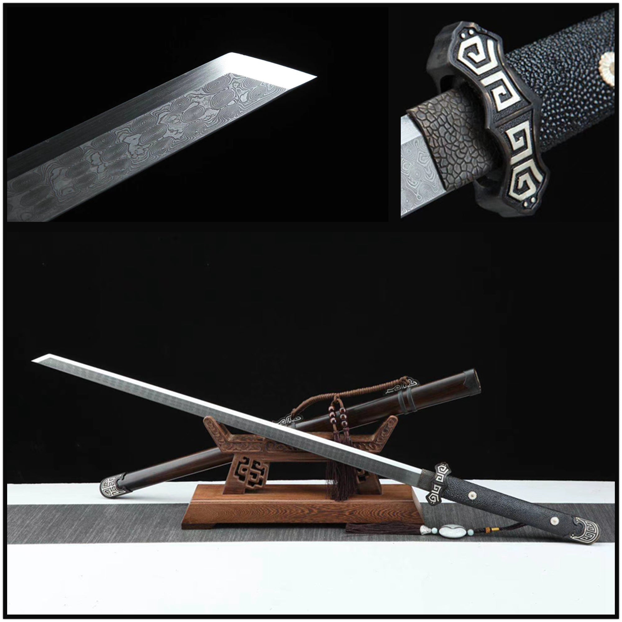 Tang Dao YuQian Damascus Folded Ebony Scabbard 雨錢 | KatanaSwordArt Dao For Sale