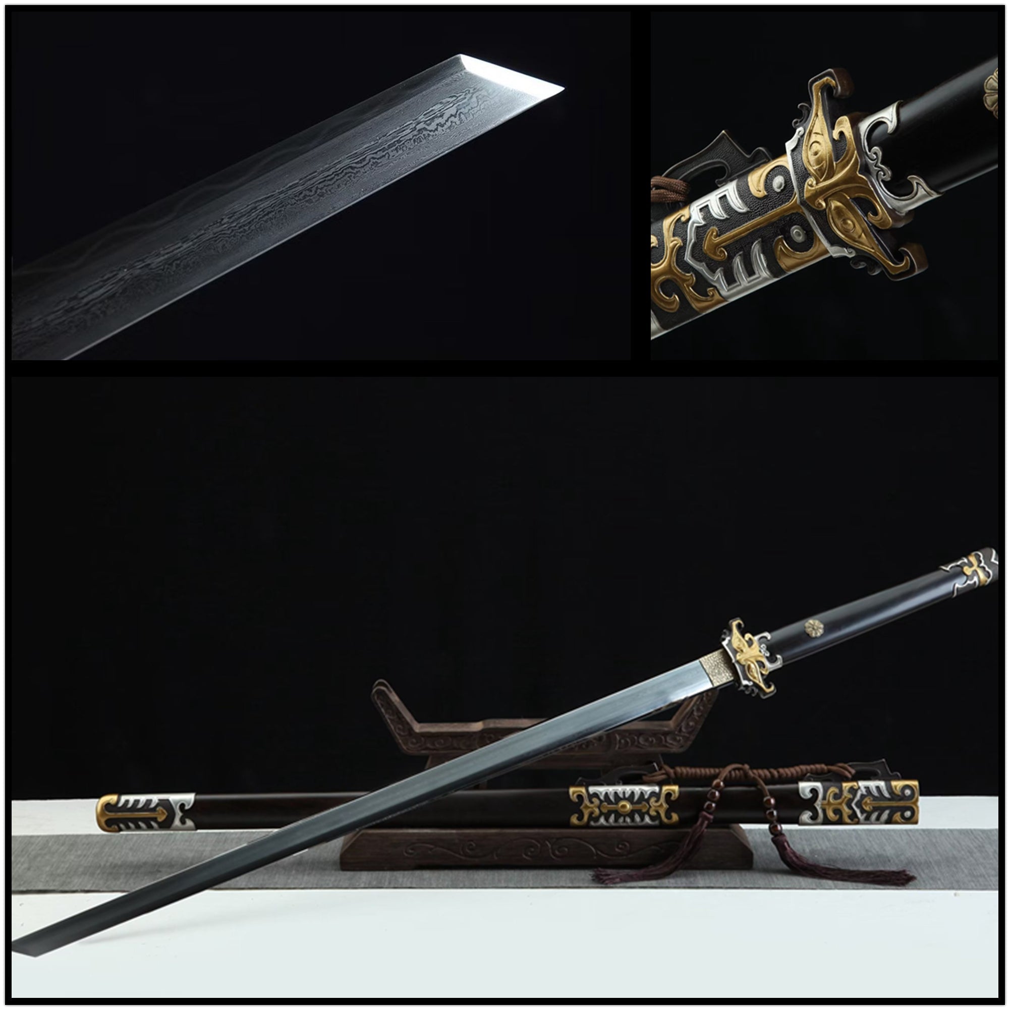 Tang Dao Zhonghua Damascus Folded Clay Tempered Ebony Wood Scabbard 中華 | KatanaSwordArt Dao For Sale