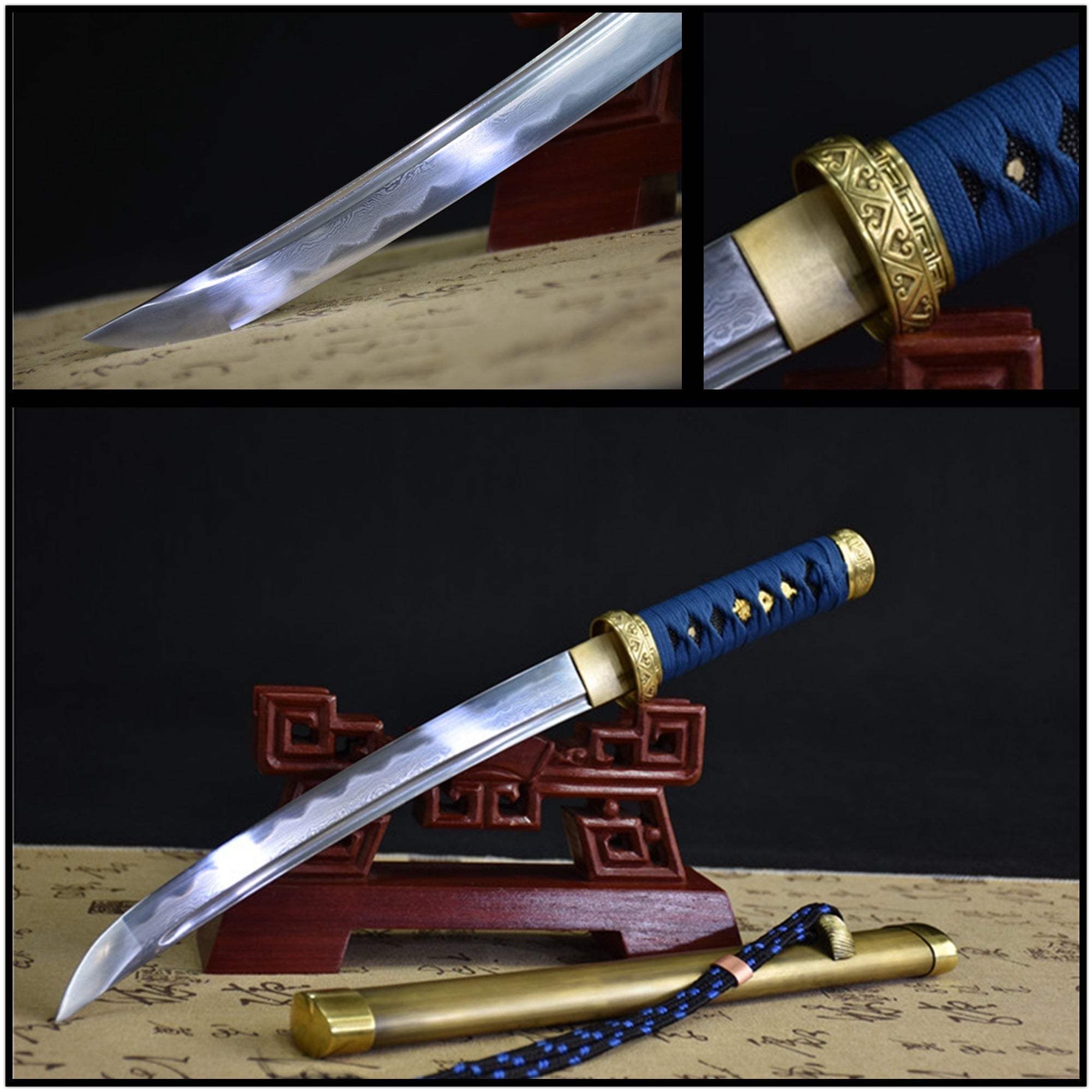 Tanto Sword YouLan Damascus Folded Clay Tempered Brass 幽藍 | KatanaSwordArt Tanto For Sale