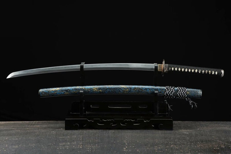 Katana Azure Dragon Blue Flame Damascus Steel Clay Tempered 藍龍 For Sale | KatanaSwordArt Japanese Katana