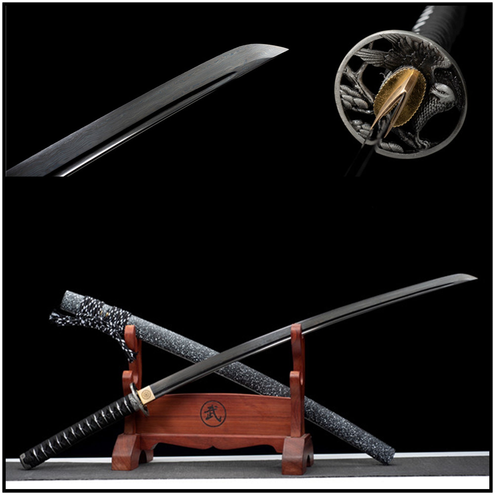 Katana Eagle Eye Damascus Folded Steel Black Blade 鷹眼 | KatanaSwordArt Katana For Sale