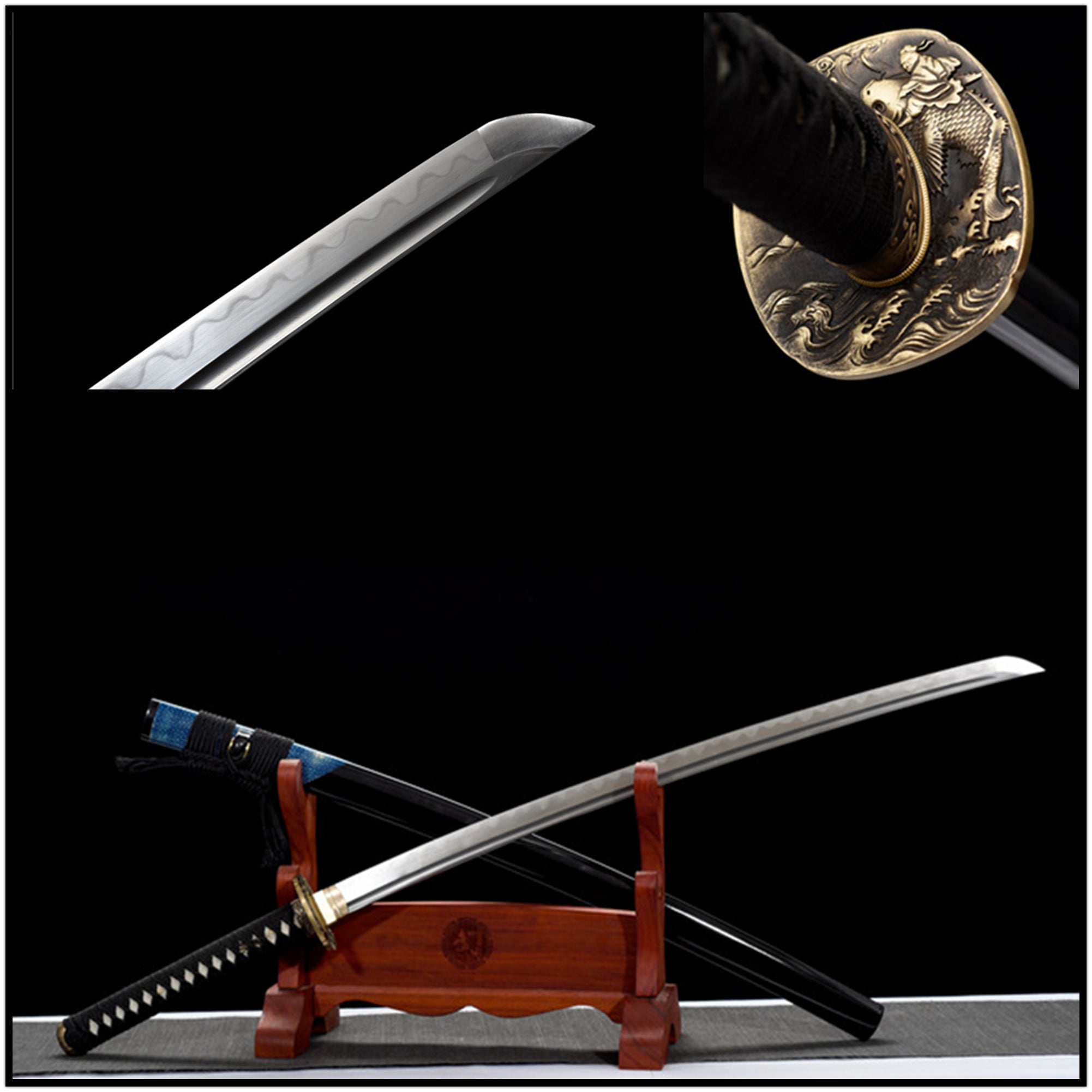 Katana Longmen Damascus Folded Clay Tempered Black Saya 龍門 | KatanaSwordArt Katana For Sale 2025