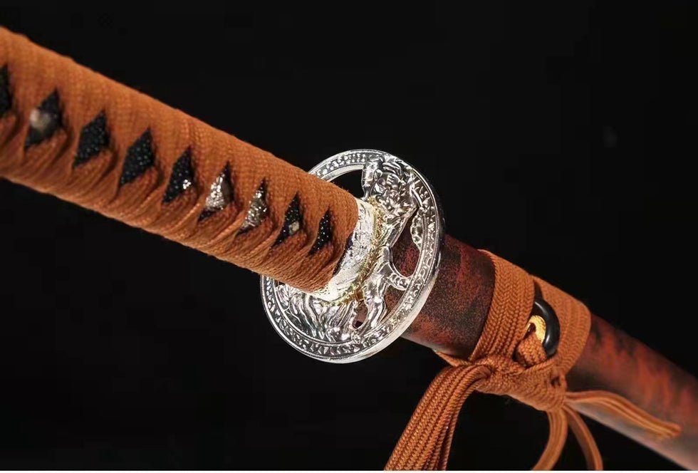 Katana Red Tiger Damascus Folded Steel Red Saya 紅虎 | KatanaSwordArt Katana For Sale