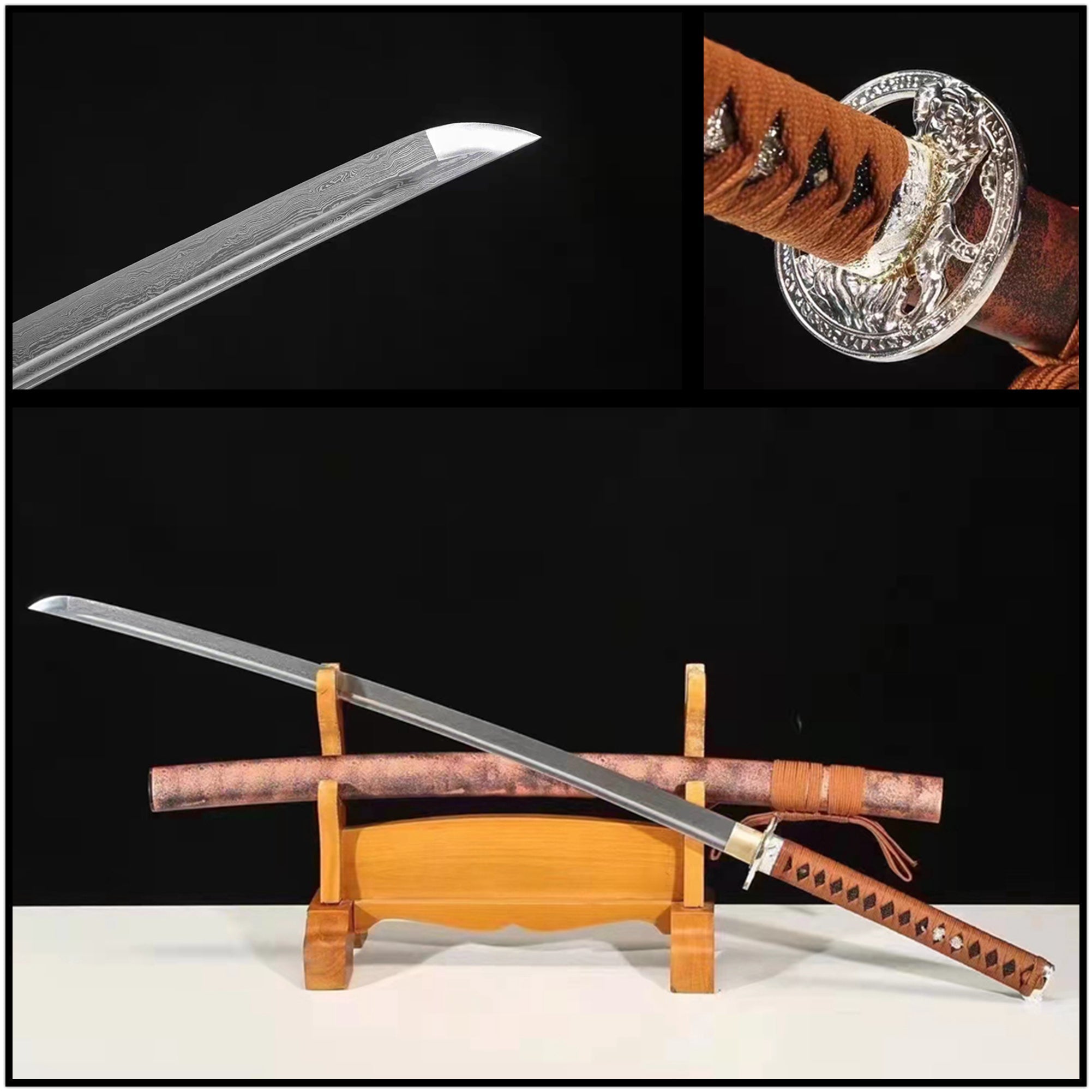 Katana Red Tiger Damascus Folded Steel Red Saya 紅虎 | KatanaSwordArt Katana For Sale