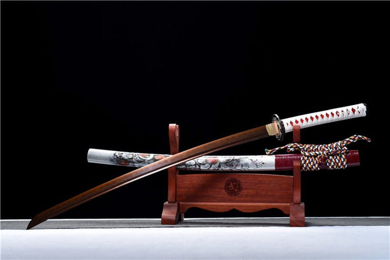 Katana Yingxue Damascus Folded Clay Tempered Red Blade 映雪 For Sale | KatanaSwordArt Japanese Katana