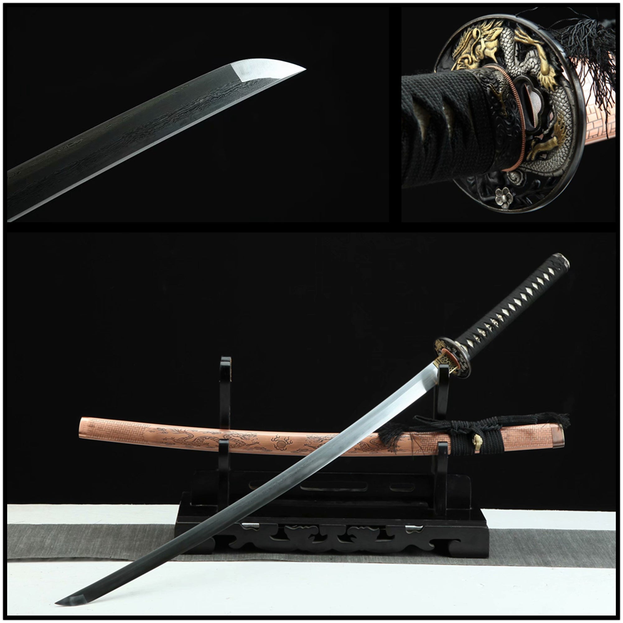 Katana Zhuzi Dragons Damascus Folded Clay Tempered Red Copper Saya 珠紫 | KatanaSwordArt Katana For Sale 2025