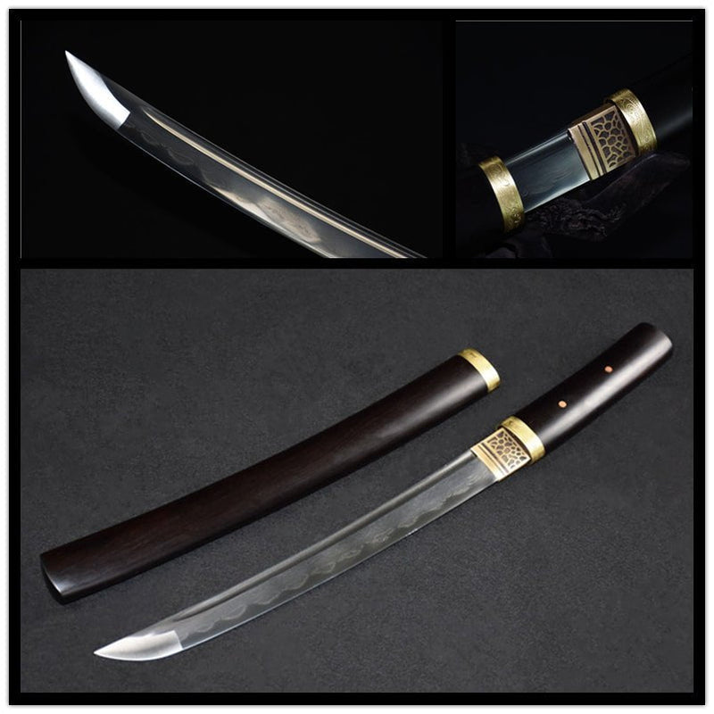 Tanto Sword Wan Damascus Folded Clay Tempered 短黑檀 For Sale | KatanaSwordArt Japanese Katana