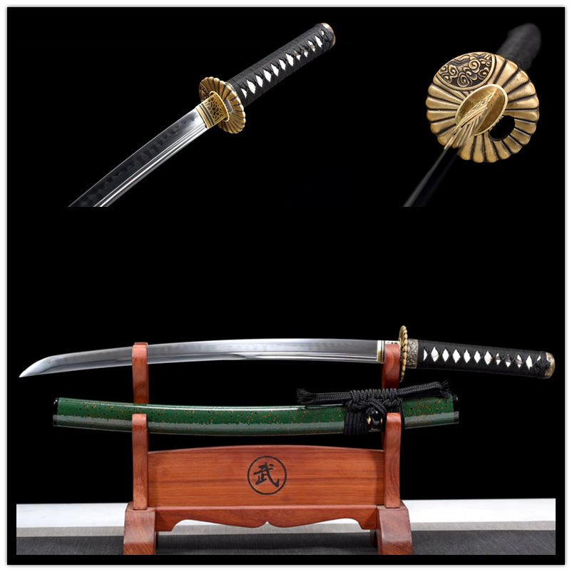 Wakizashi Sword Qinglin T10 Clay Tempered Green Saya 青鱗 | KatanaSwordArt Wakizashi For Sale