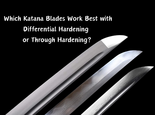 Three katana blades on a black background comparing differential hardening and through hardening options for modern katana steel.