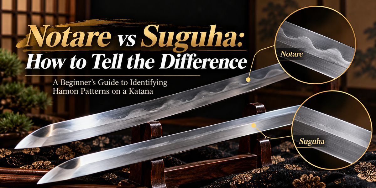 Notare vs Suguha hamon comparison on katana blades, showing broad wavy Notare and relatively straight Suguha temper lines for beginners.
