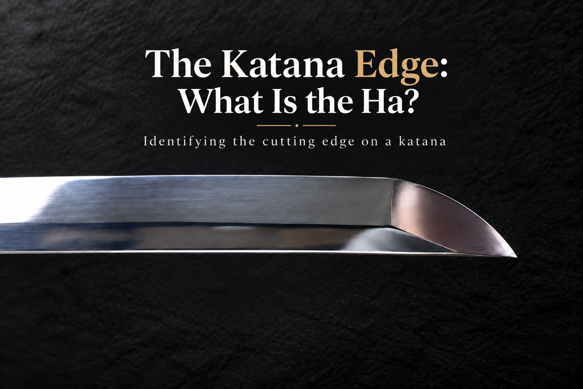Close-up of a polished katana blade and kissaki on a black background, illustrating the ha, or cutting edge, of a Japanese sword.