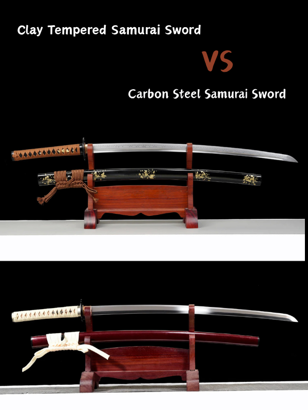 Comparison image of a clay-tempered samurai sword and a carbon steel samurai sword displayed on wooden stands, highlighting differences in hamon, blade finish, and mounting style.