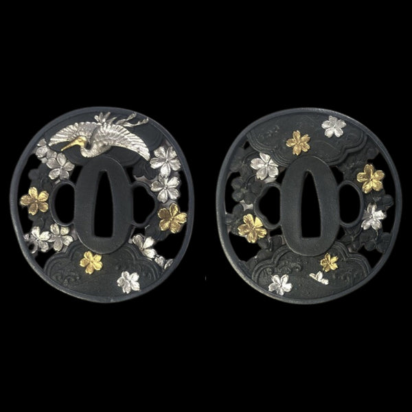 Australia Blackened Copper Tsuba with Crane and Cherry Blossom