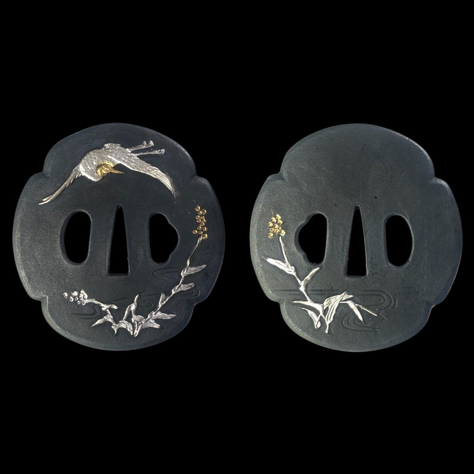REAL Blackened Copper Tsuba with Crane and Plant Design | Tsuba Australia