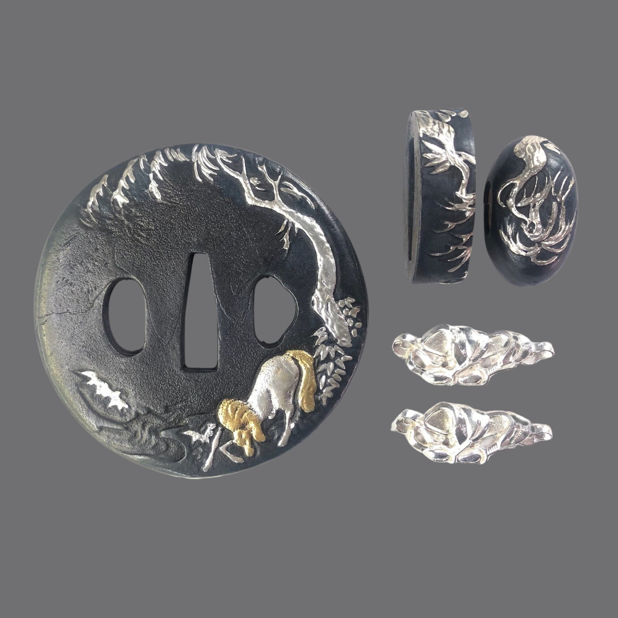 Blackened Copper Tsuba with Grazing Horse and Ox Design | KatanaSwordArt Tsuba For Sale 2025