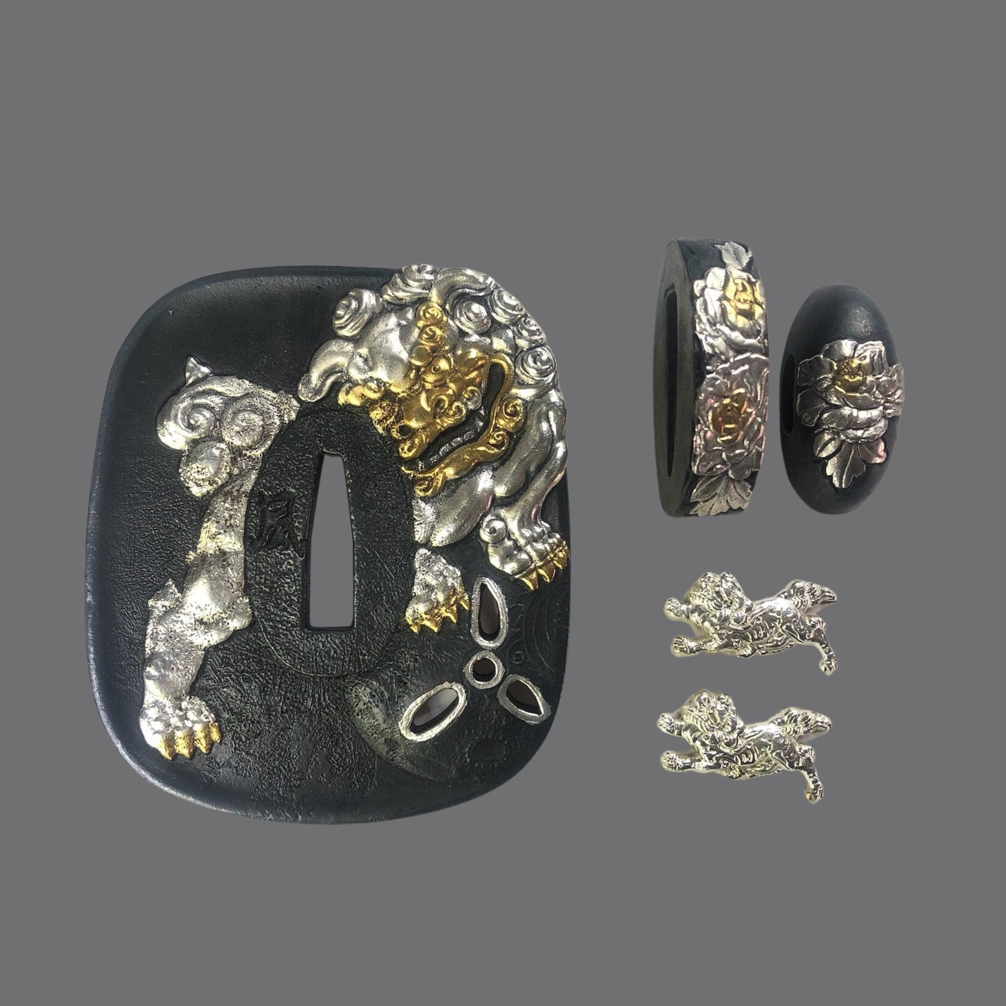 Blackened Copper Tsuba with Lion and Peony Design | KatanaSwordArt Tsuba For Sale 2025