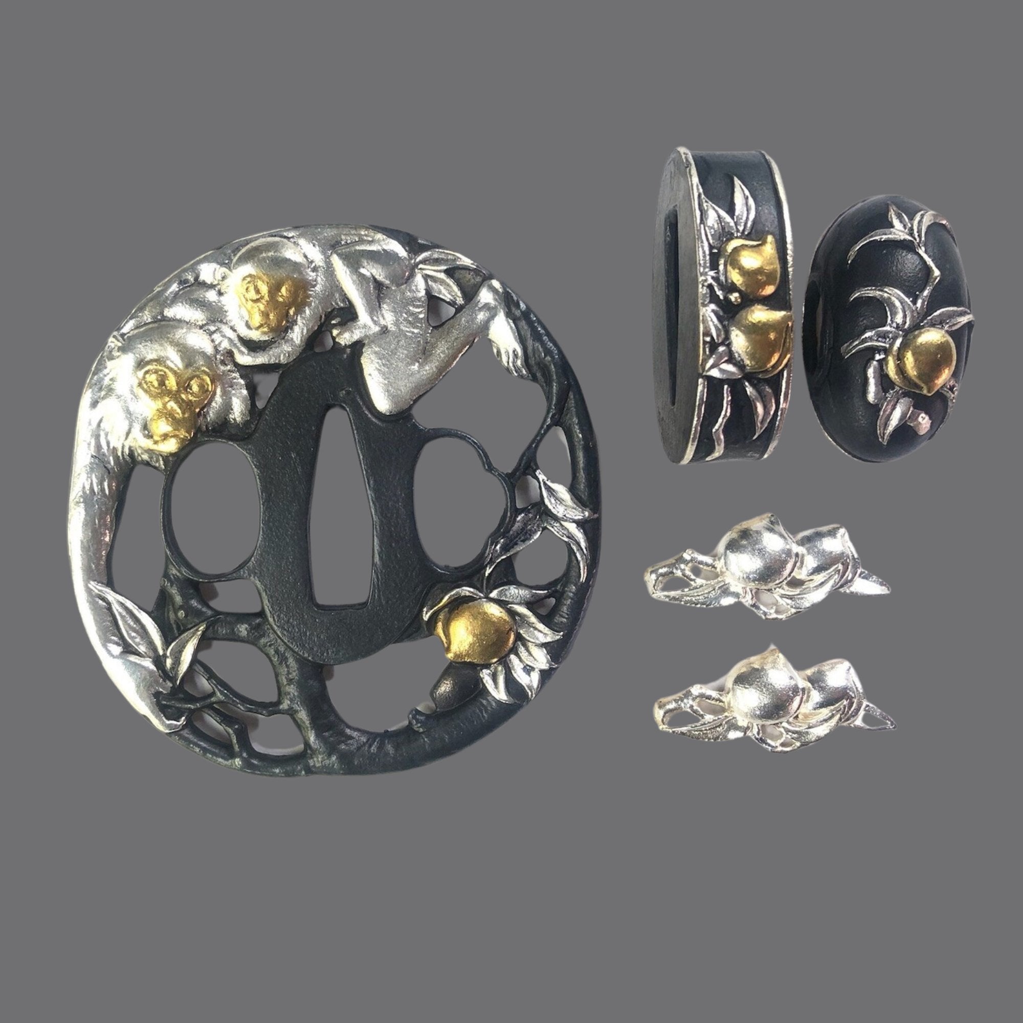 Blackened Copper Tsuba with Monkey Stealing Peaches Design | KatanaSwordArt Tsuba For Sale 2025