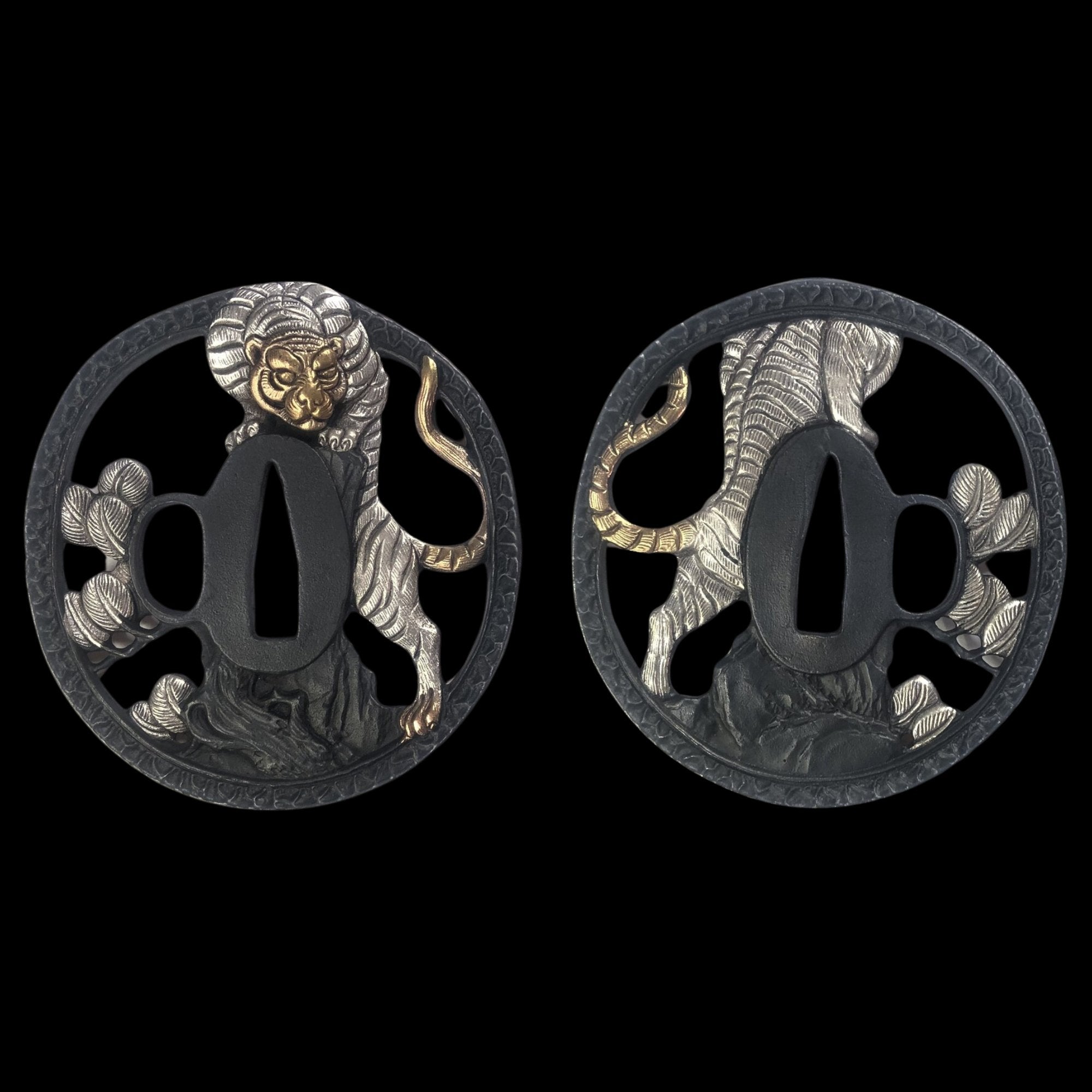 Blackened Copper Tsuba with Tiger Descending the Mountain Design | KatanaSwordArt Tsuba For Sale 2025