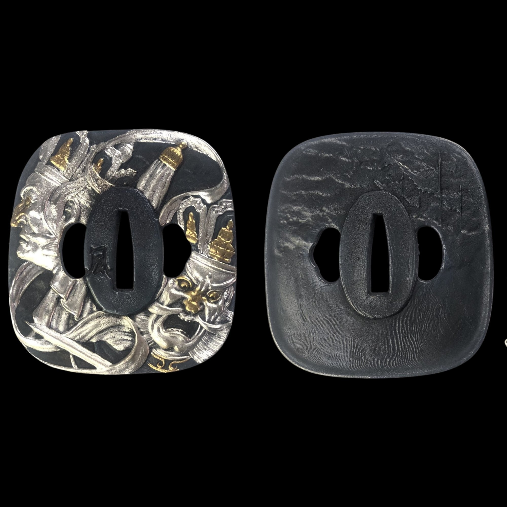 Blackened Copper Tsuba with Warrior Deity Engraving | KatanaSwordArt Tsuba For Sale 2025