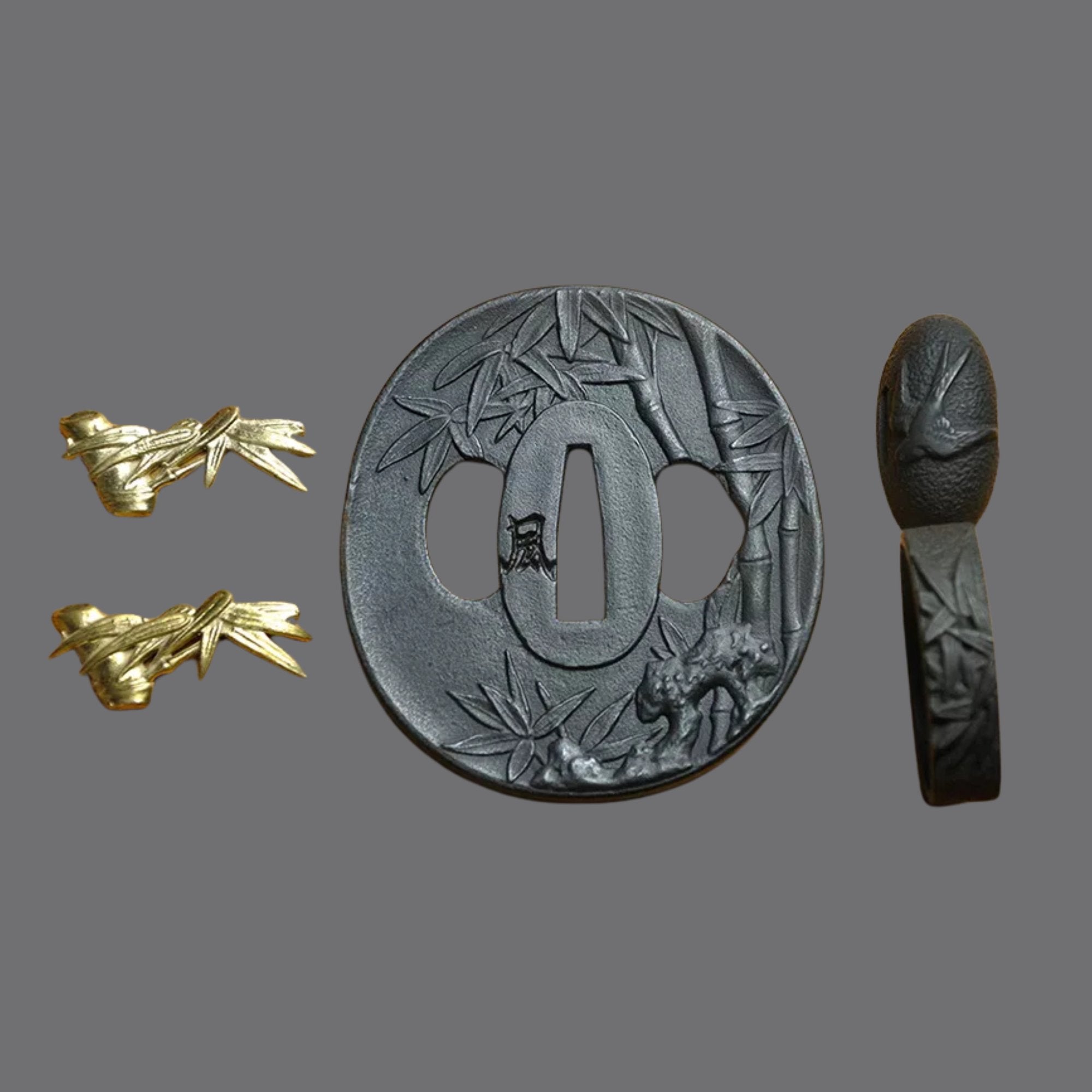 Blackened Steel Tsuba with Bamboo and Bird Engraving | KatanaSwordArt Tsuba For Sale 2025