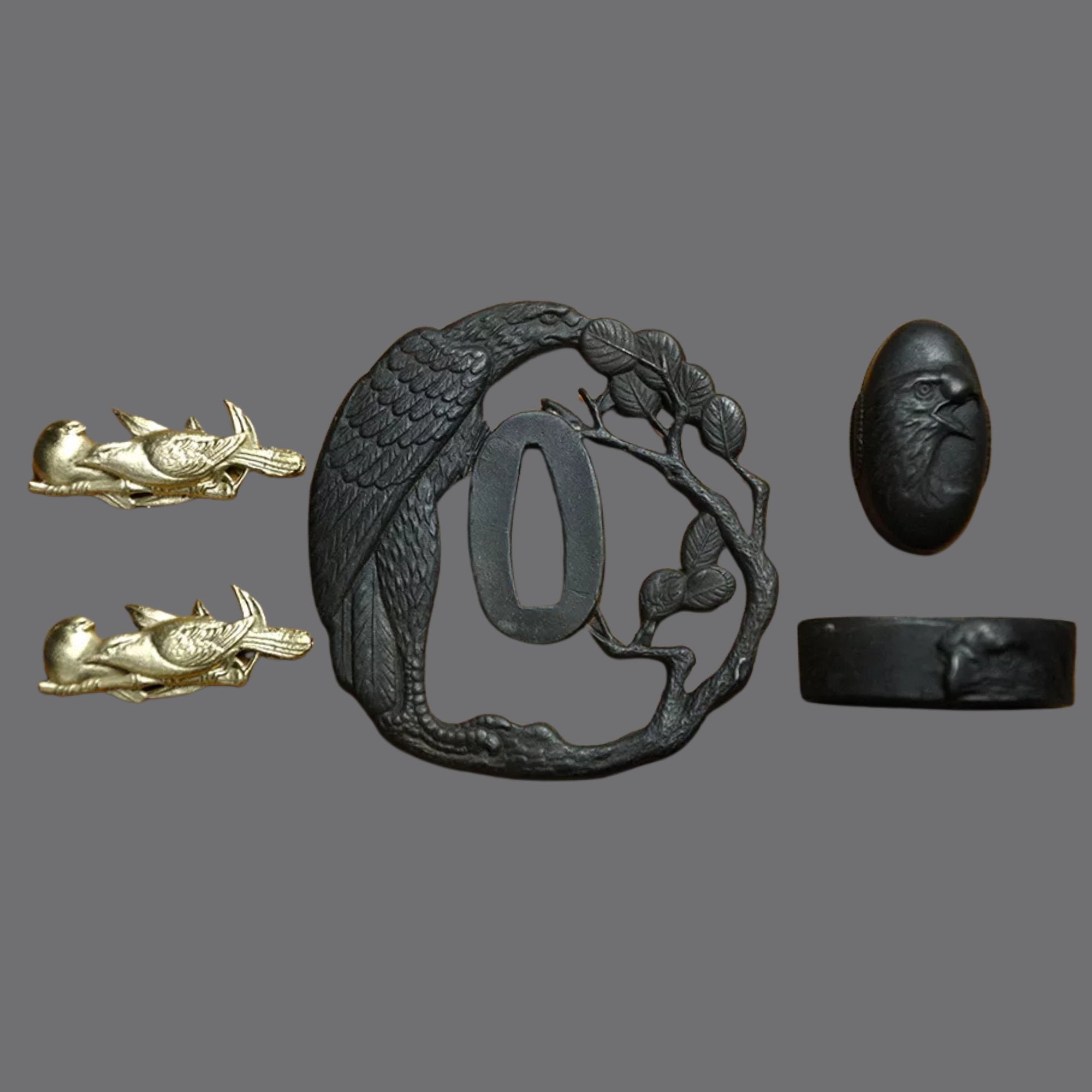Blackened Steel Tsuba with Eagle and Branch Cutout Engraving | KatanaSwordArt Tsuba For Sale 2025