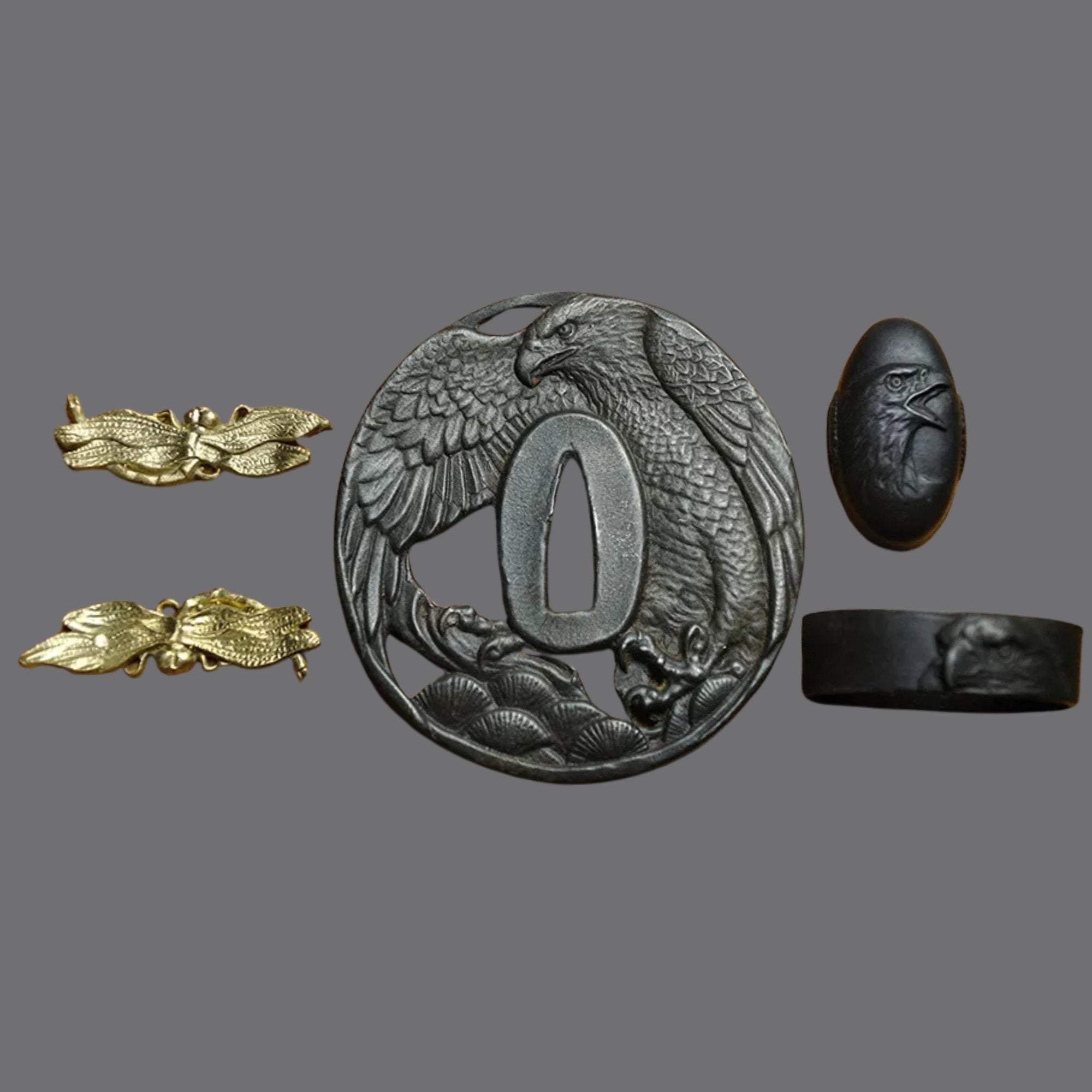 Blackened Steel Tsuba with Eagle and Pine Forest Engraving | KatanaSwordArt Tsuba For Sale 2025