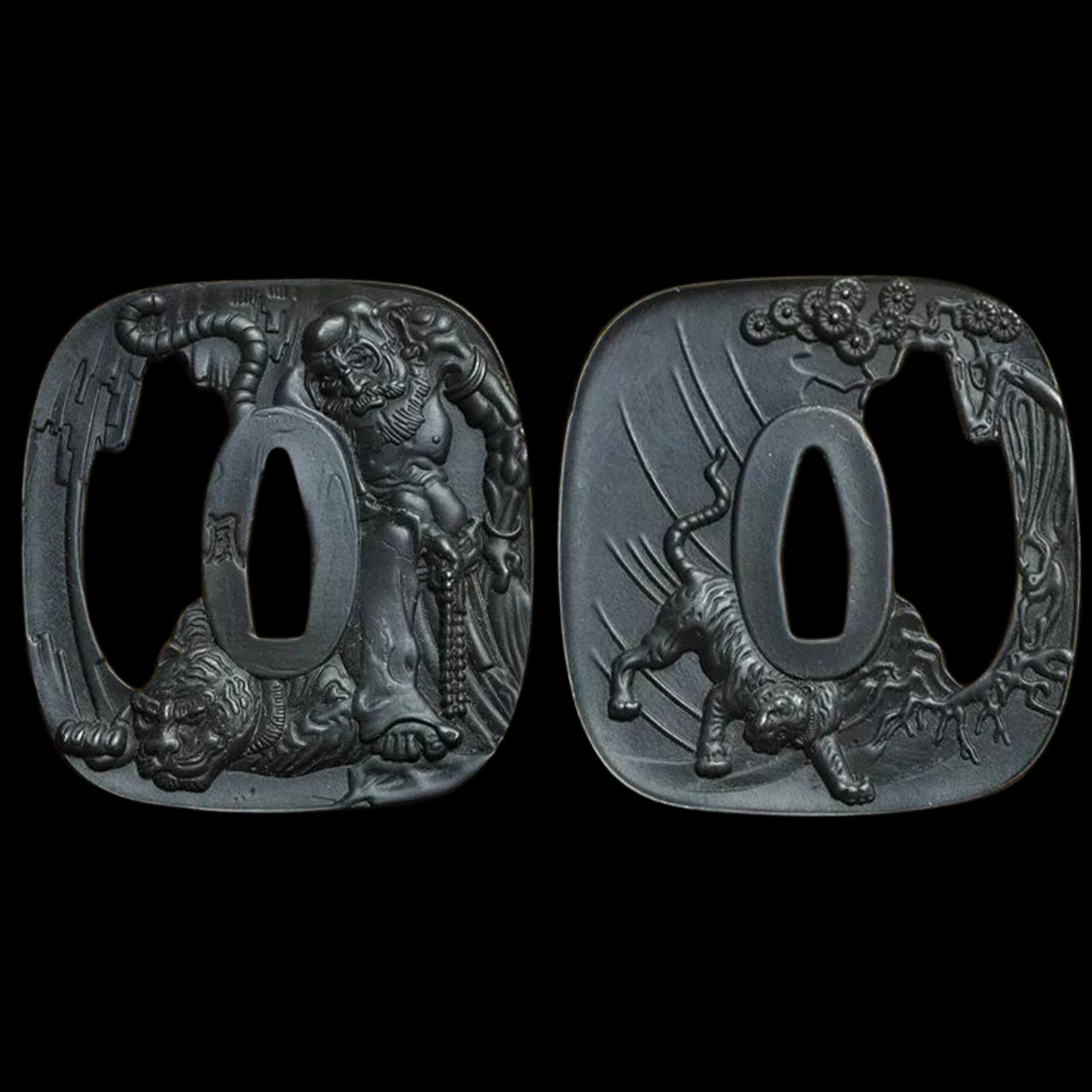 Blackened Steel Tsuba with Monk and Tiger Engraving | KatanaSwordArt Tsuba For Sale 2025