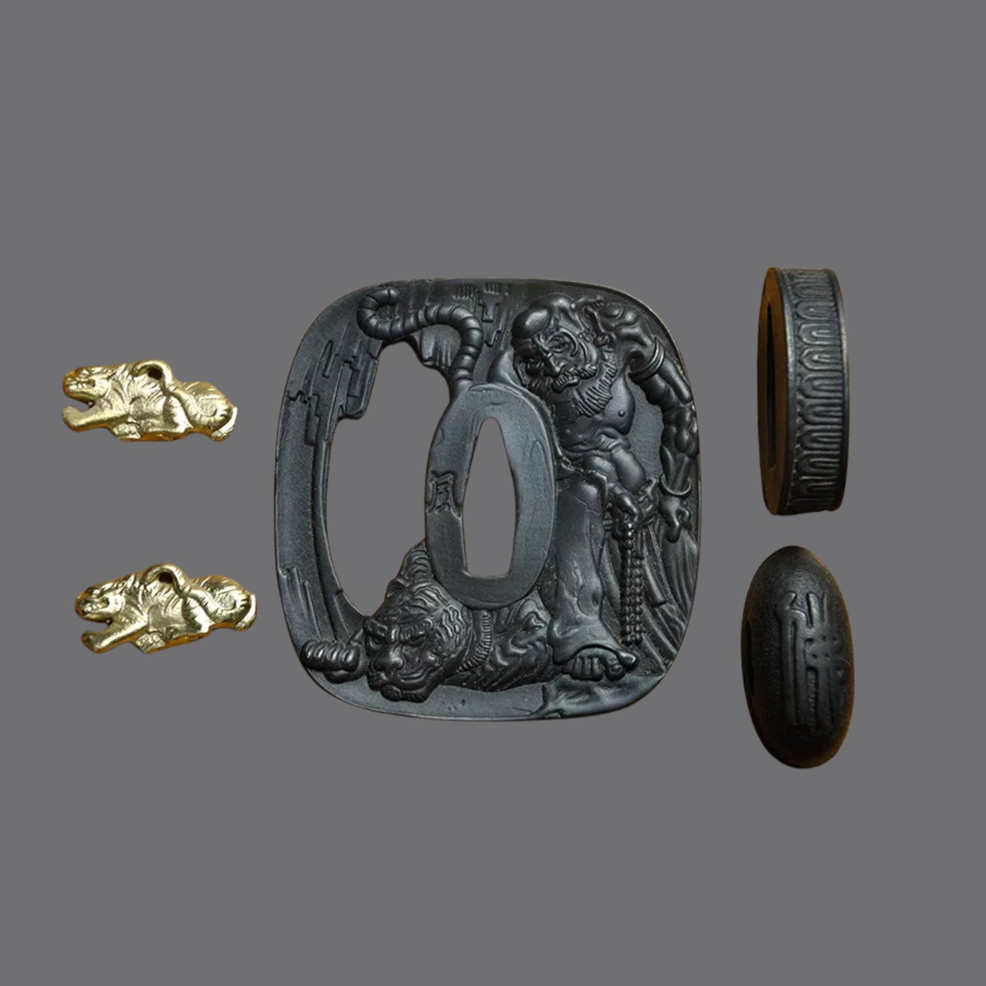 Blackened Steel Tsuba with Monk and Tiger Engraving | KatanaSwordArt Tsuba For Sale 2025