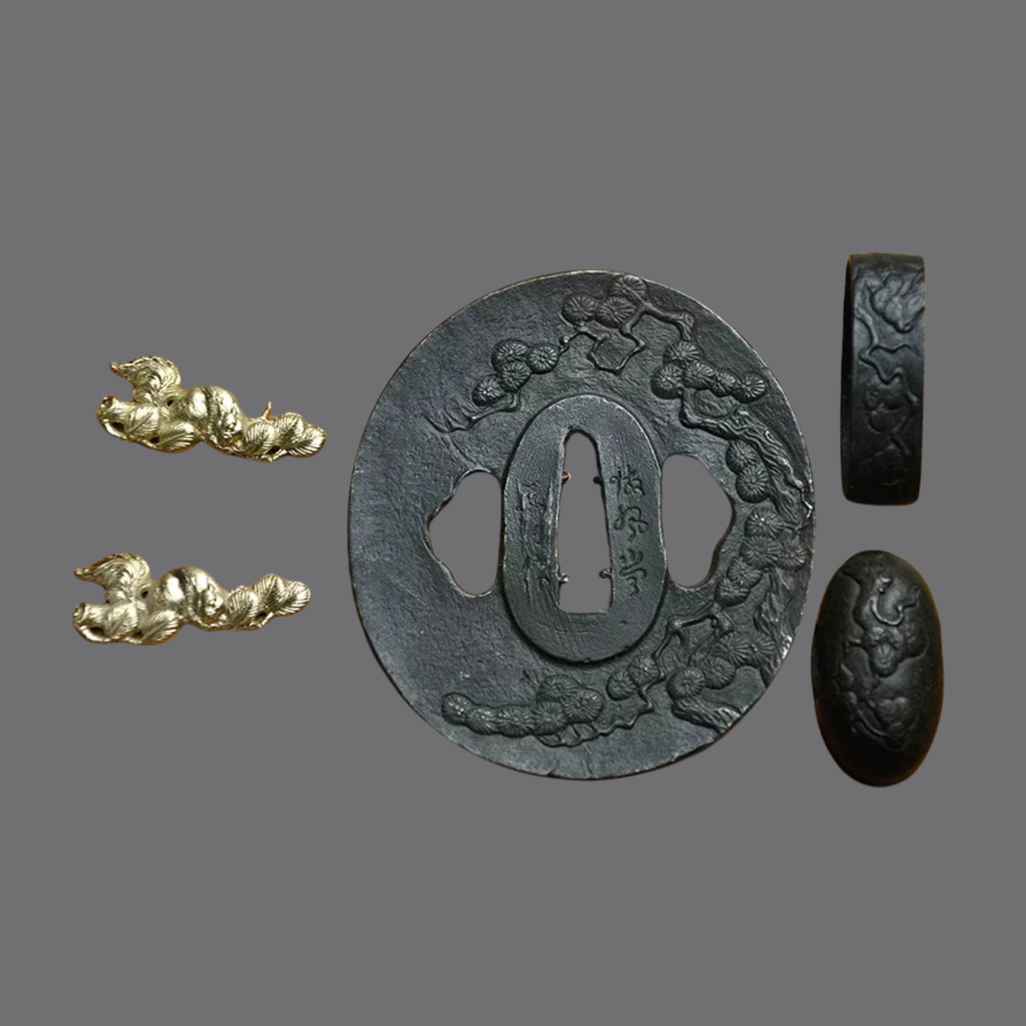 Blackened Steel Tsuba with Pine Tree and Nature Landscape Engraving | KatanaSwordArt Tsuba For Sale 2025