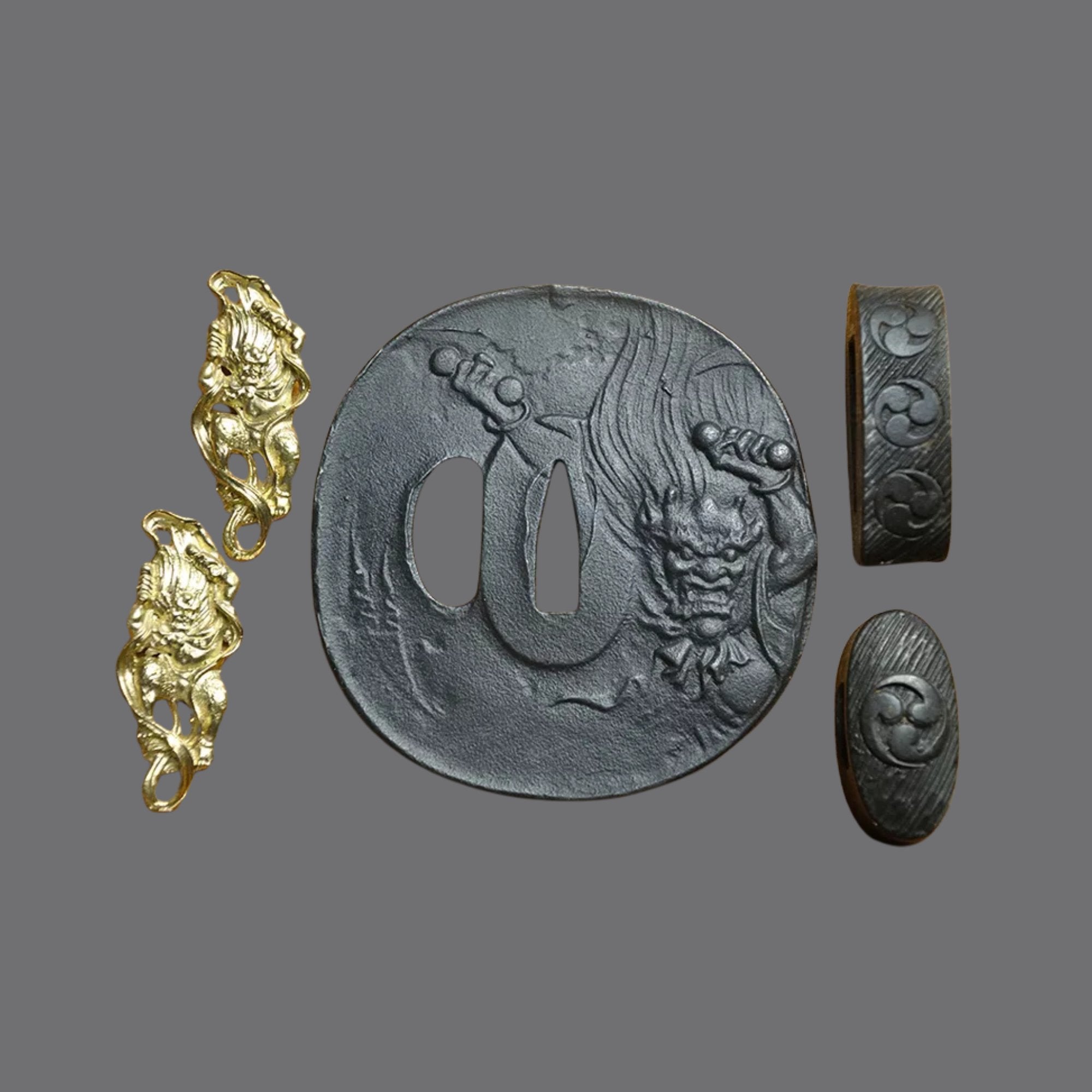 Blackened Steel Tsuba with Raijin Thunder God Engraving | KatanaSwordArt Tsuba For Sale 2025