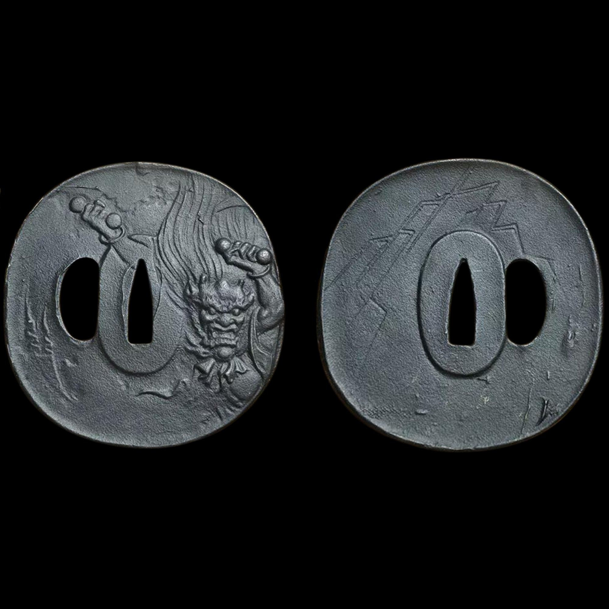 Blackened Steel Tsuba with Raijin Thunder God Engraving | KatanaSwordArt Tsuba For Sale 2025