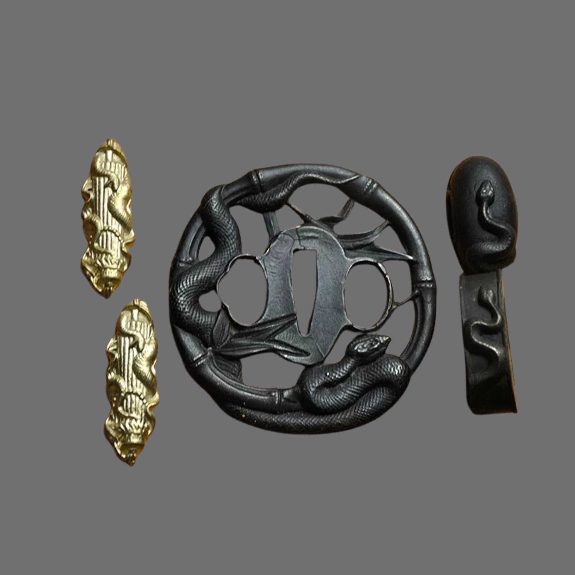 Blackened Steel Tsuba with Snake and Bamboo Forest Cutout Engraving | KatanaSwordArt Tsuba For Sale 2025