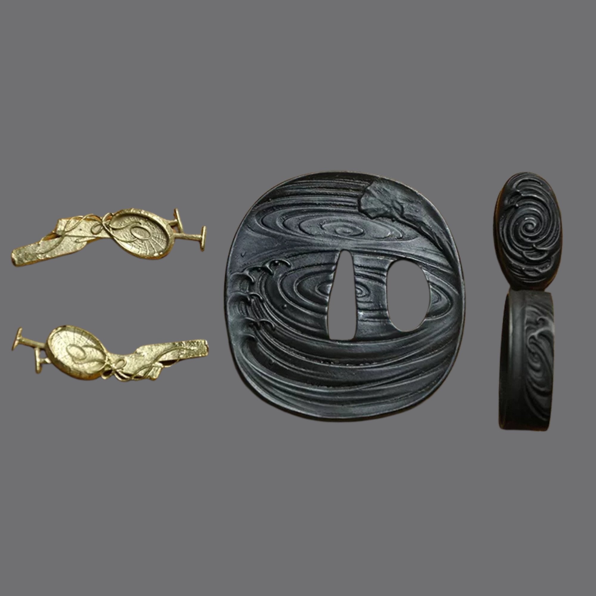 Blackened Steel Tsuba with Swirling Water Pattern Design | KatanaSwordArt Tsuba For Sale 2025