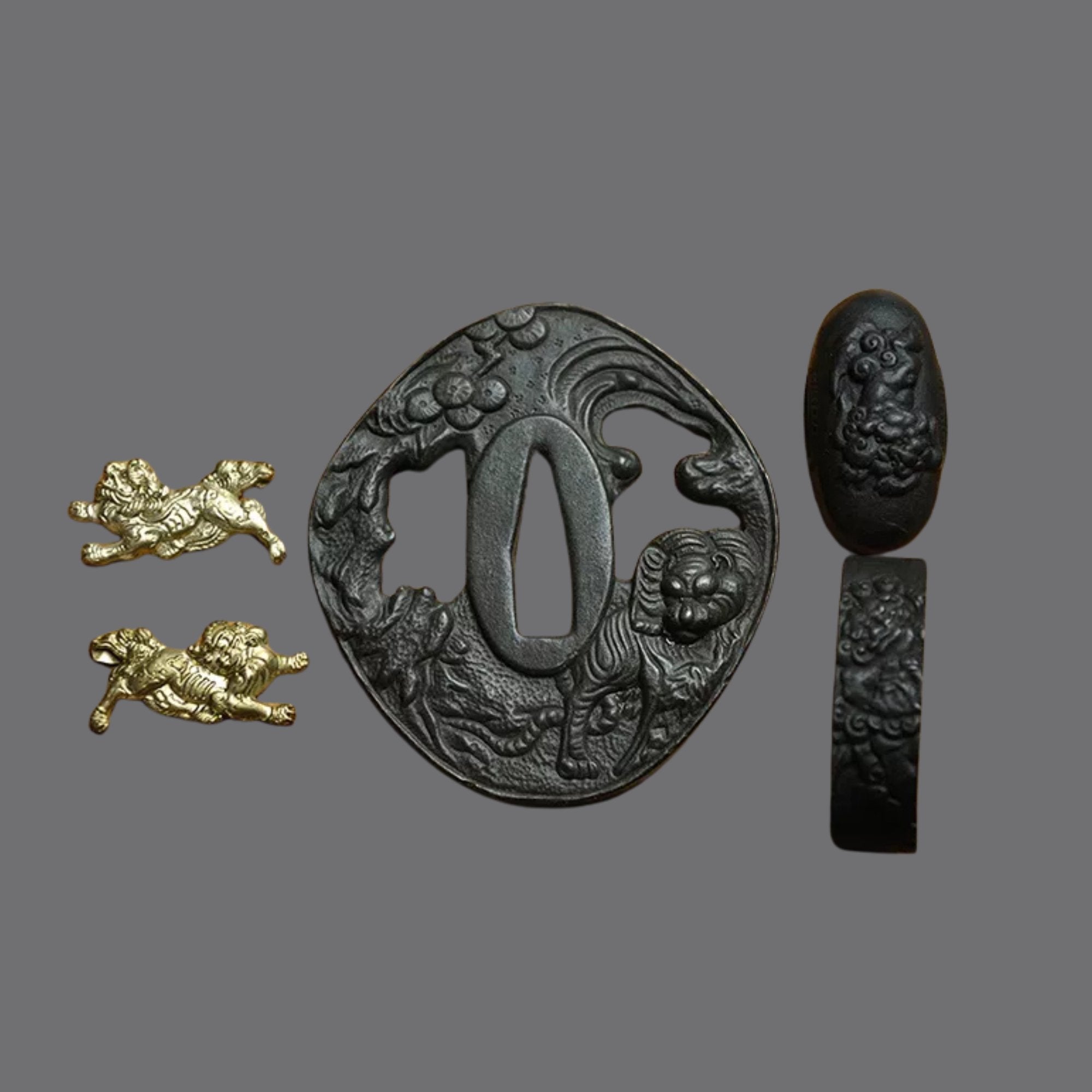 Blackened Steel Tsuba with Tiger and Deer Cutout Engraving | KatanaSwordArt Tsuba For Sale 2025