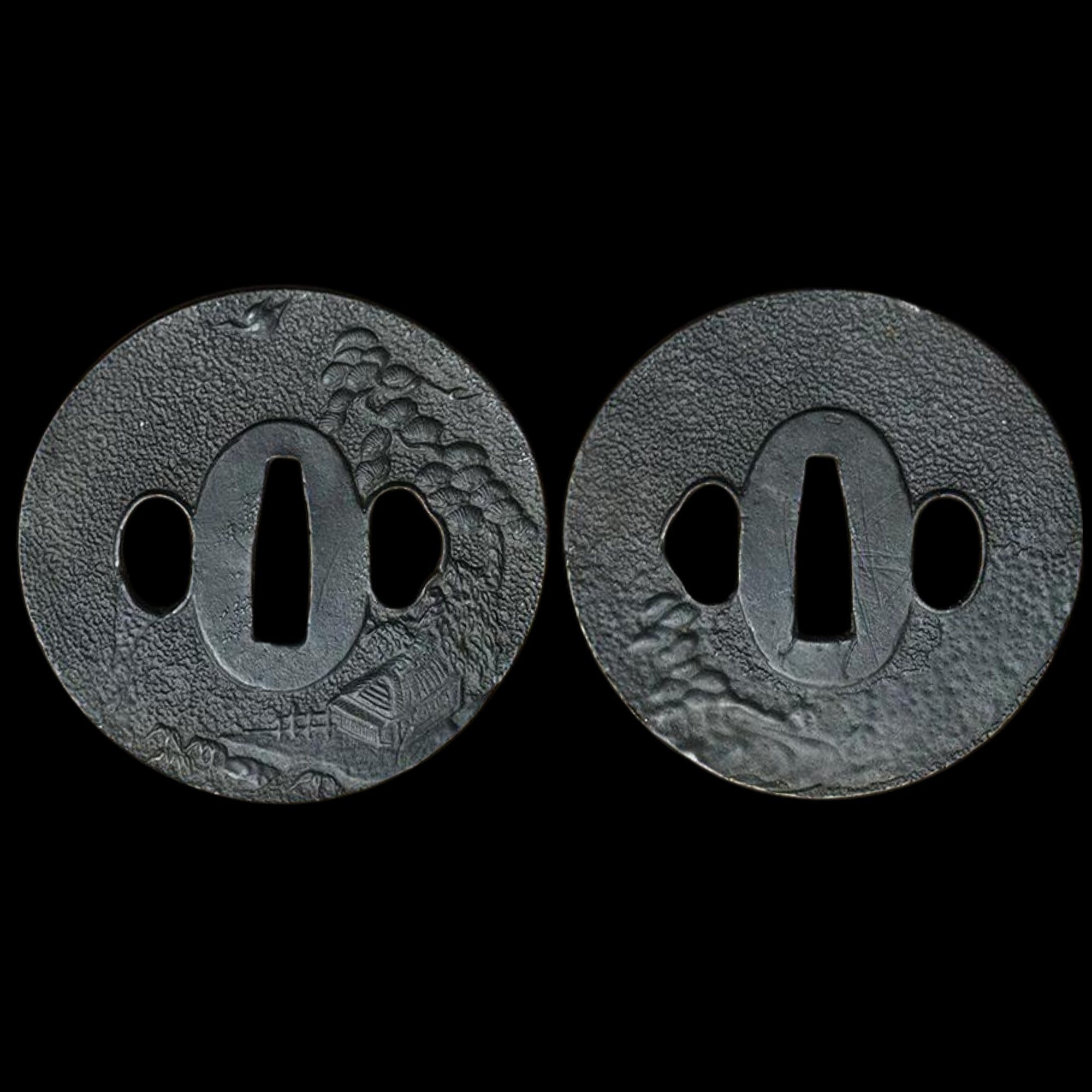 Blackened Steel Tsuba with Traditional Landscape Engraving | KatanaSwordArt Tsuba For Sale 2025